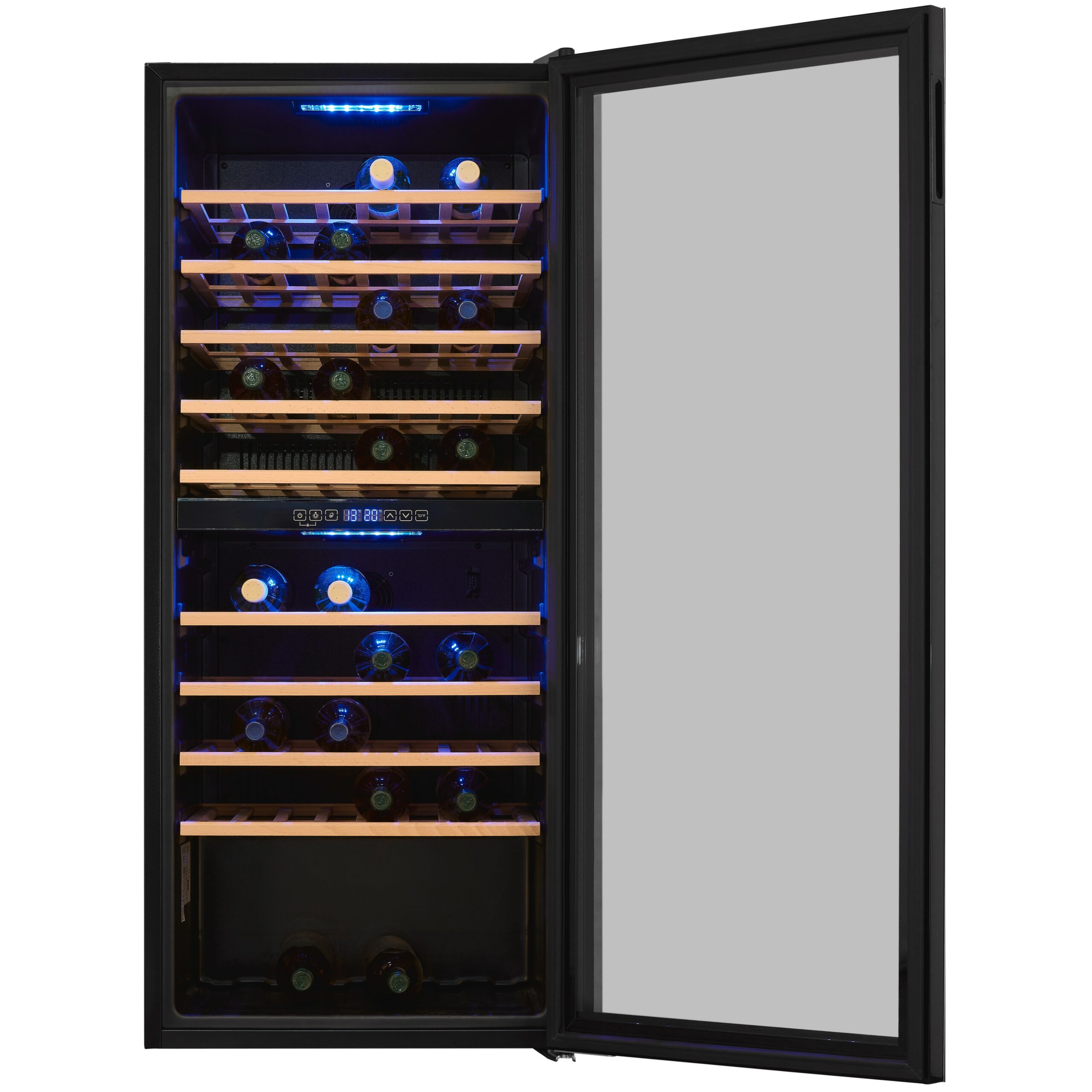 Frigorífico para vinos negro con puerta de cristal, estantes de madera, luz azul y botellas de vino.