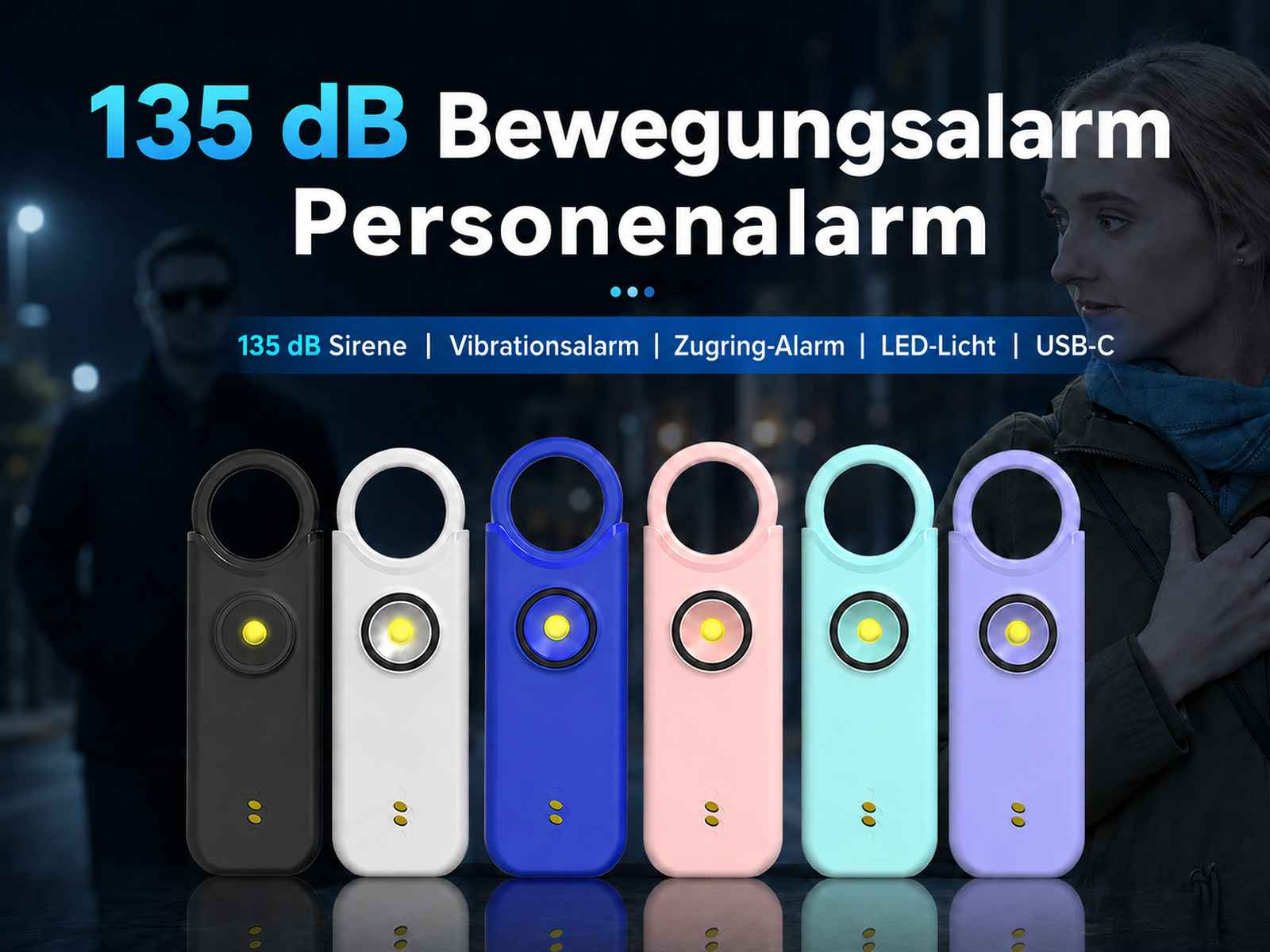 Sechs bunte Personenalarme mit 135 dB, LED-Licht und USB-C vor verschwommenem Hintergrund.