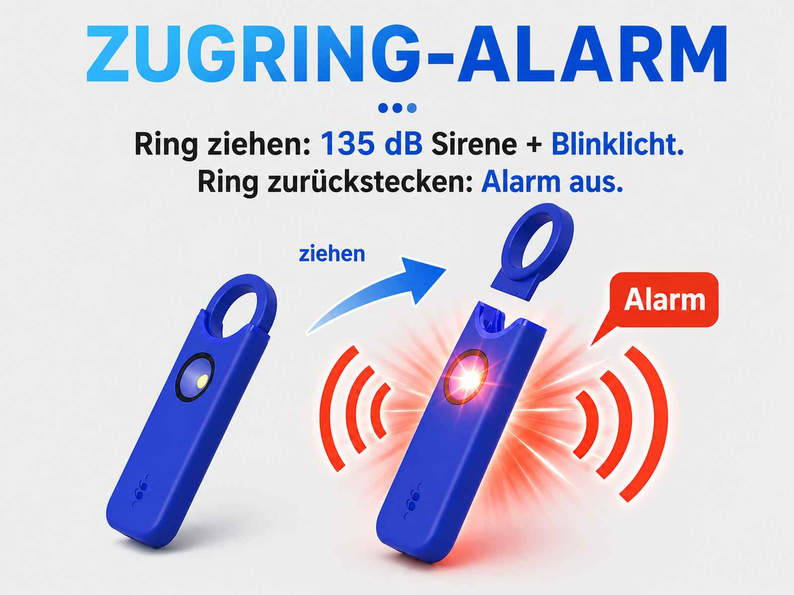 Blauer Notruf-Alarm, der zeigt, wie das Ziehen des Rings eine 135-dB-Sirene und Licht auslöst.