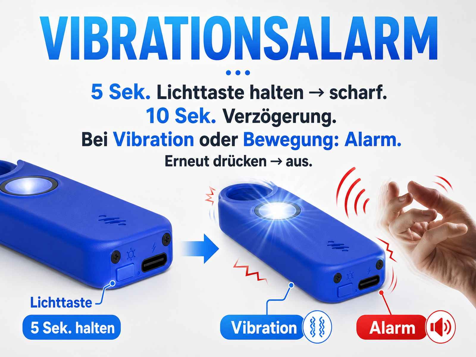 Blaues Vibrationsalarm-Gerät mit Anleitung auf Deutsch und Hand, die Vibrationen auslöst.