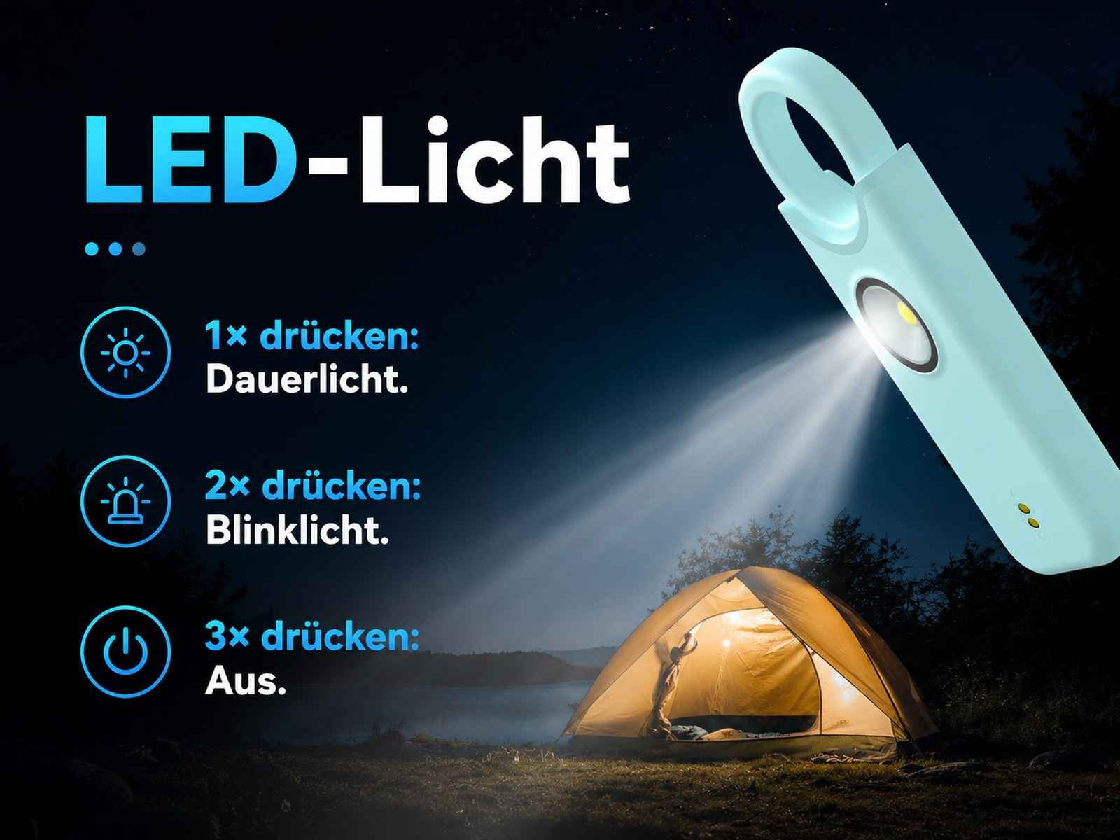 Eine hellblaue LED-Taschenlampe leuchtet nachts auf ein gelb leuchtendes Zelt, links mit deutscher Bedienungsanleitung.