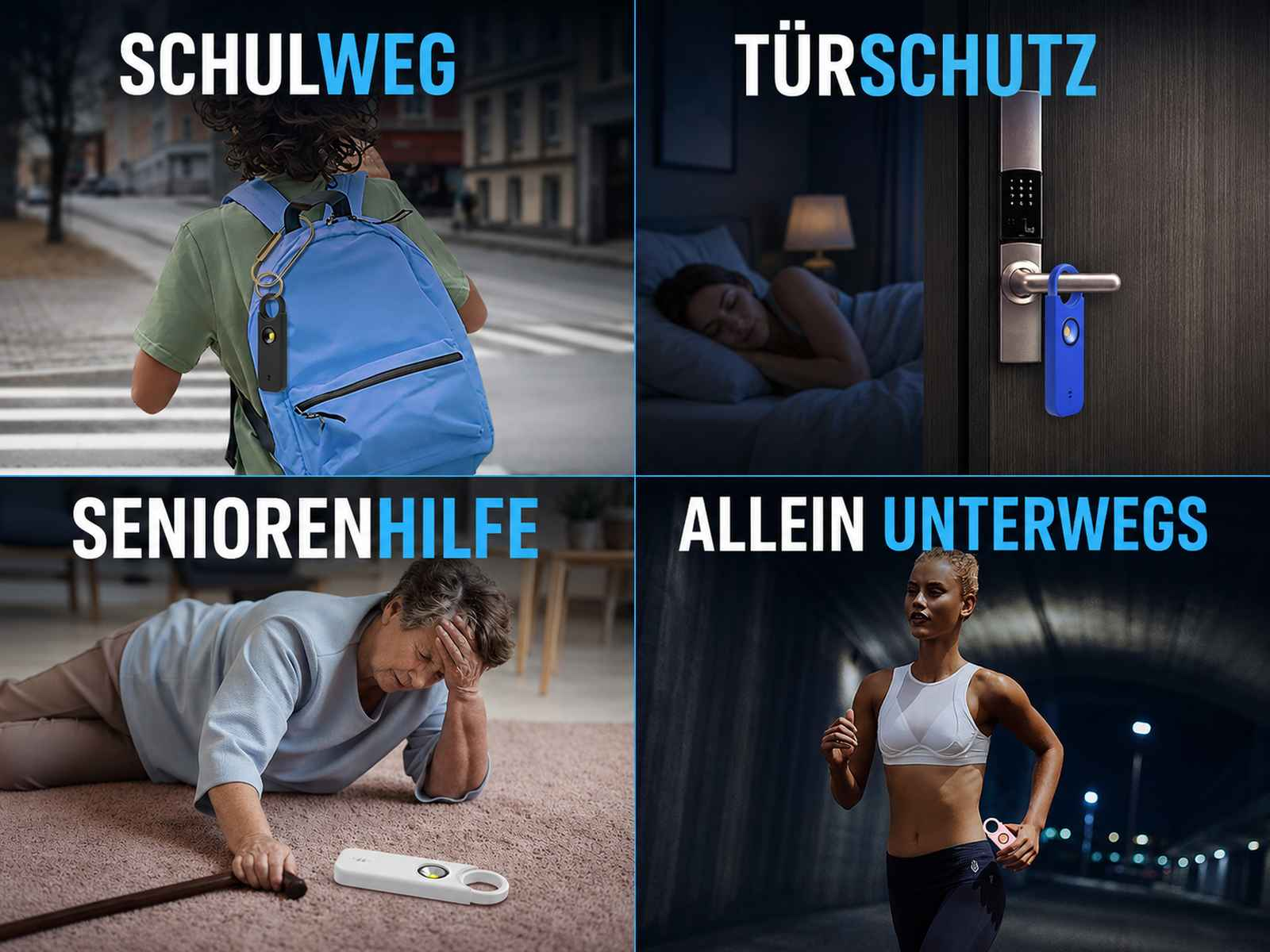 Vier Bilder zeigen Schutz: Kind mit Rucksack, Frau schläft, gestürzte Seniorin, Läuferin im Tunnel.