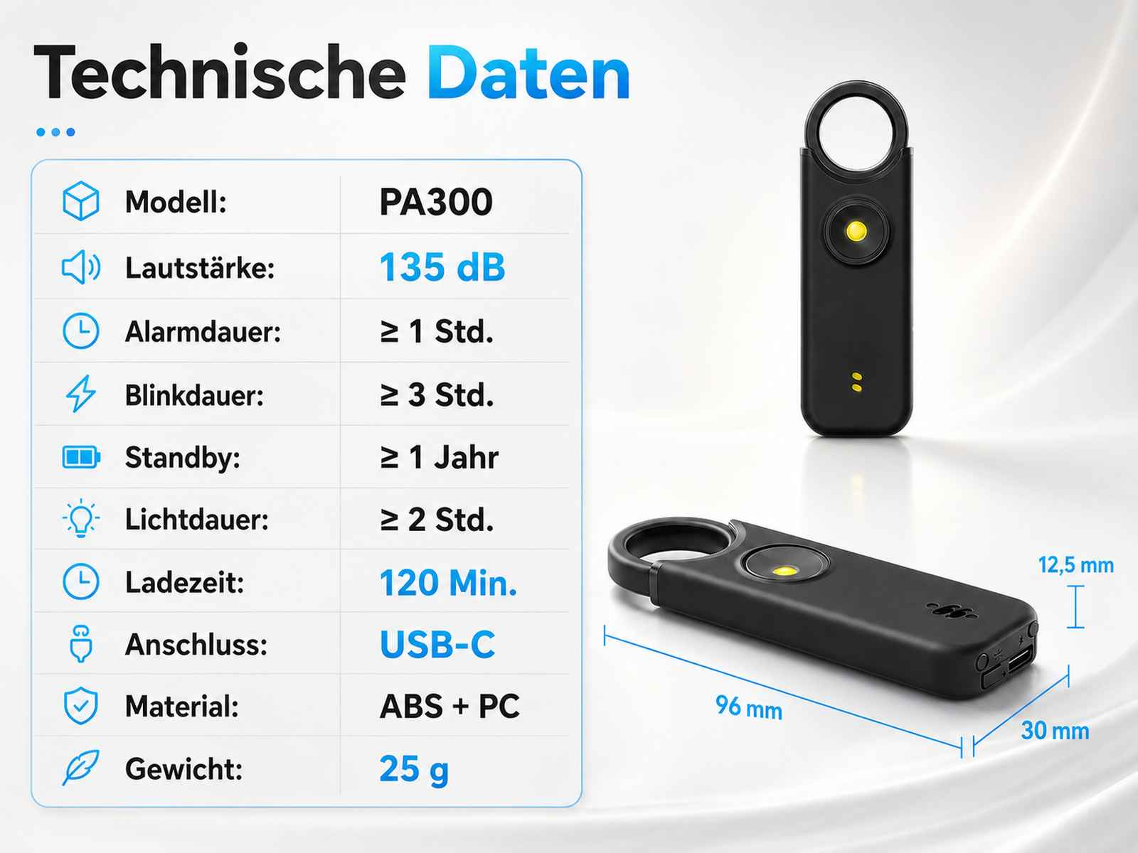 Technische Daten eines schwarzen PA300 Sicherheitsalarms mit Maßen und Spezifikationen in einer Tabelle.