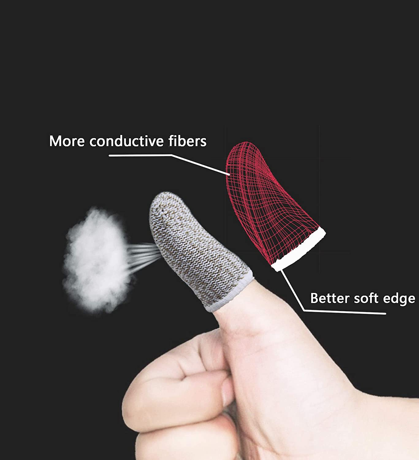 Un pollice con un ditale da gioco grigio con didascalie su fibre conduttive e bordo morbido.