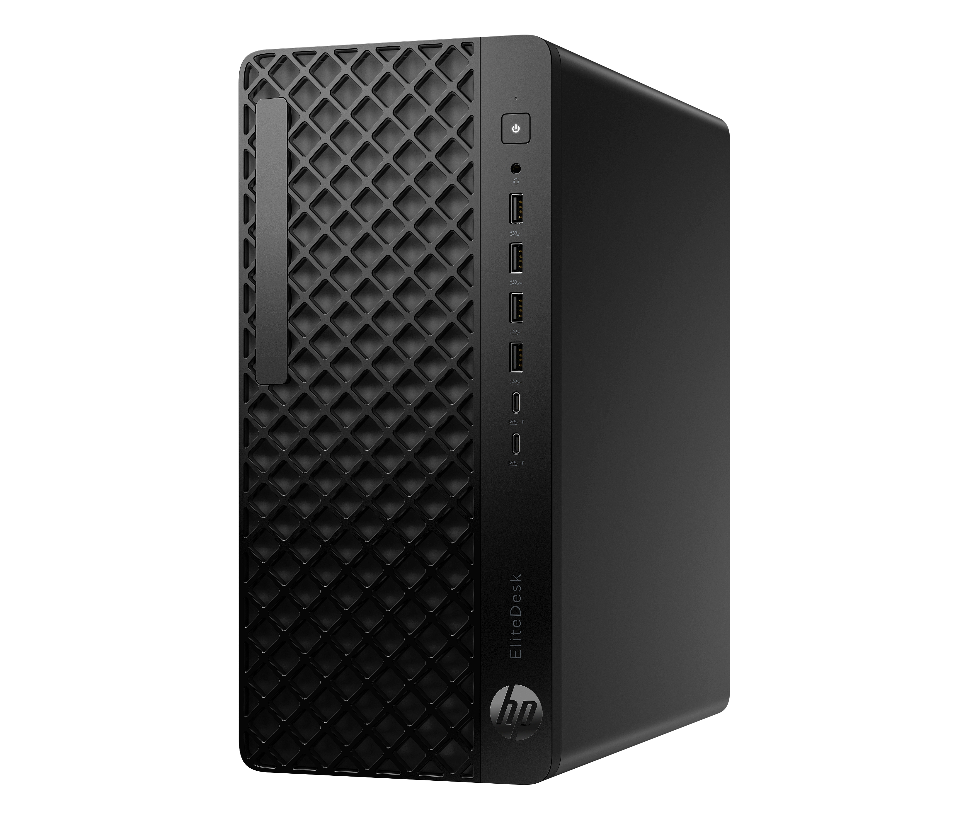 Computer desktop HP EliteDesk nero con frontale a rombi e porte verticali.