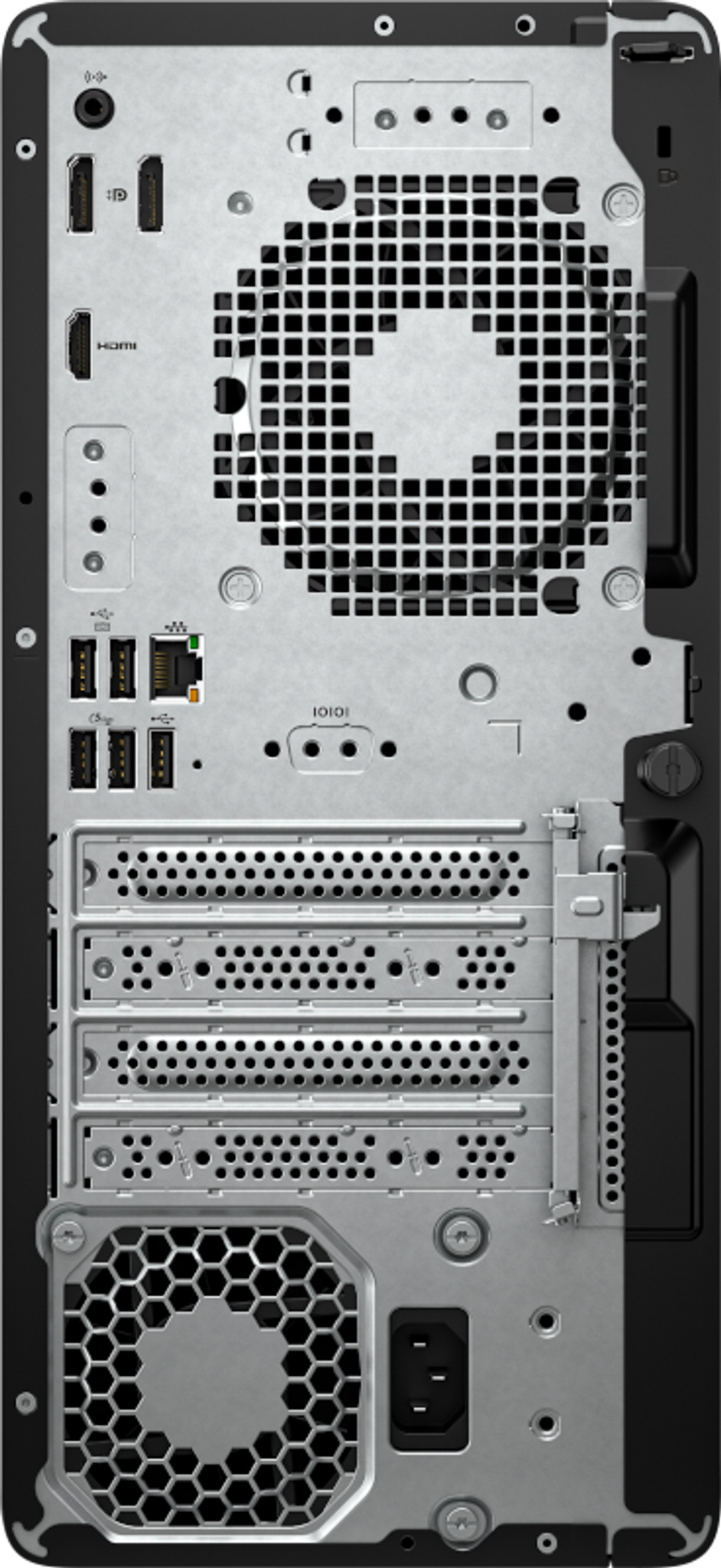 Vista posteriore di un computer desktop con griglie di ventilazione, porte USB, porte di visualizzazione, HDMI e slot.