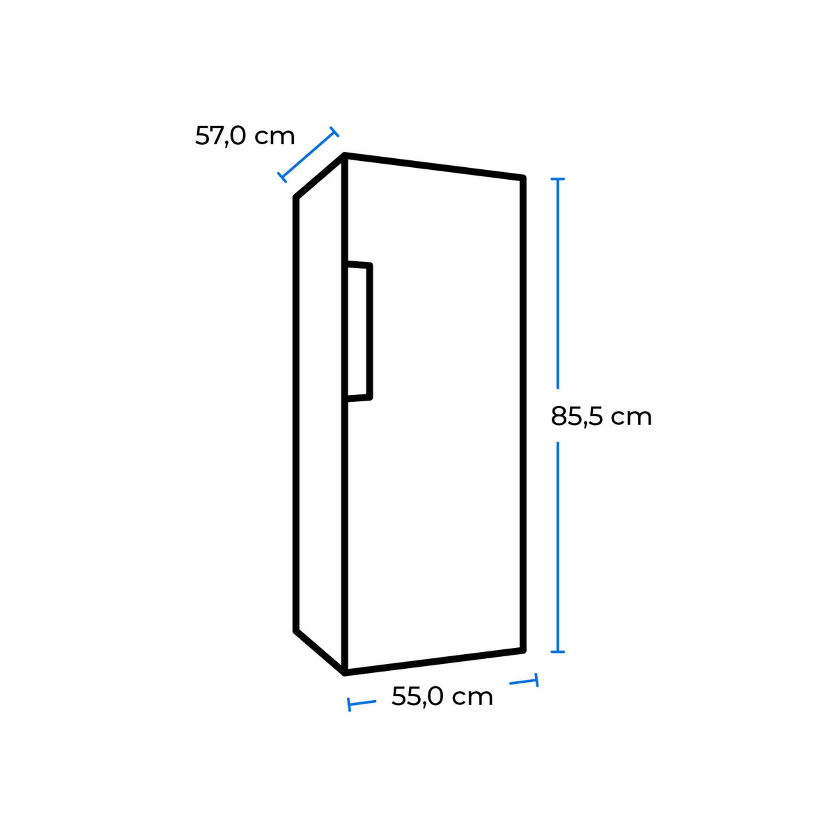Linienzeichnung eines rechteckigen Schranks mit Maßen von 55 cm Breite, 57 cm Tiefe und 85,5 cm Höhe.