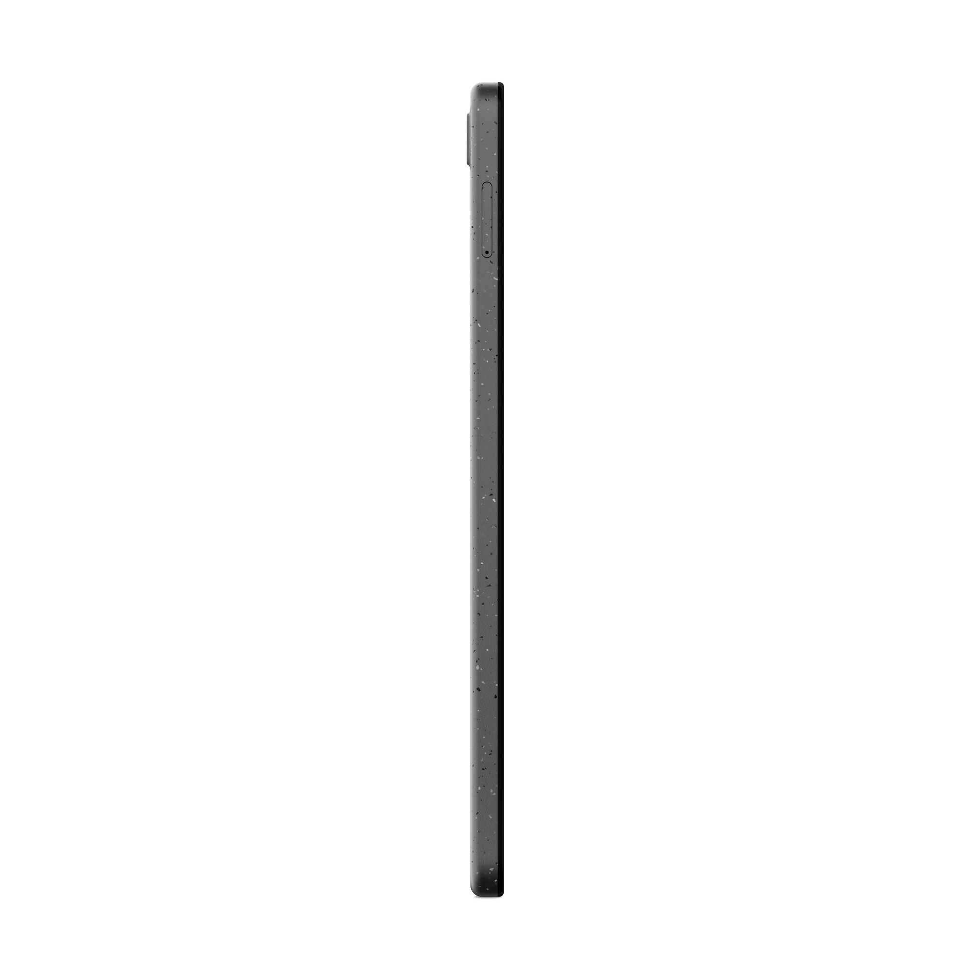 Vista laterale di un tablet sottile grigio scuro maculato su sfondo bianco.