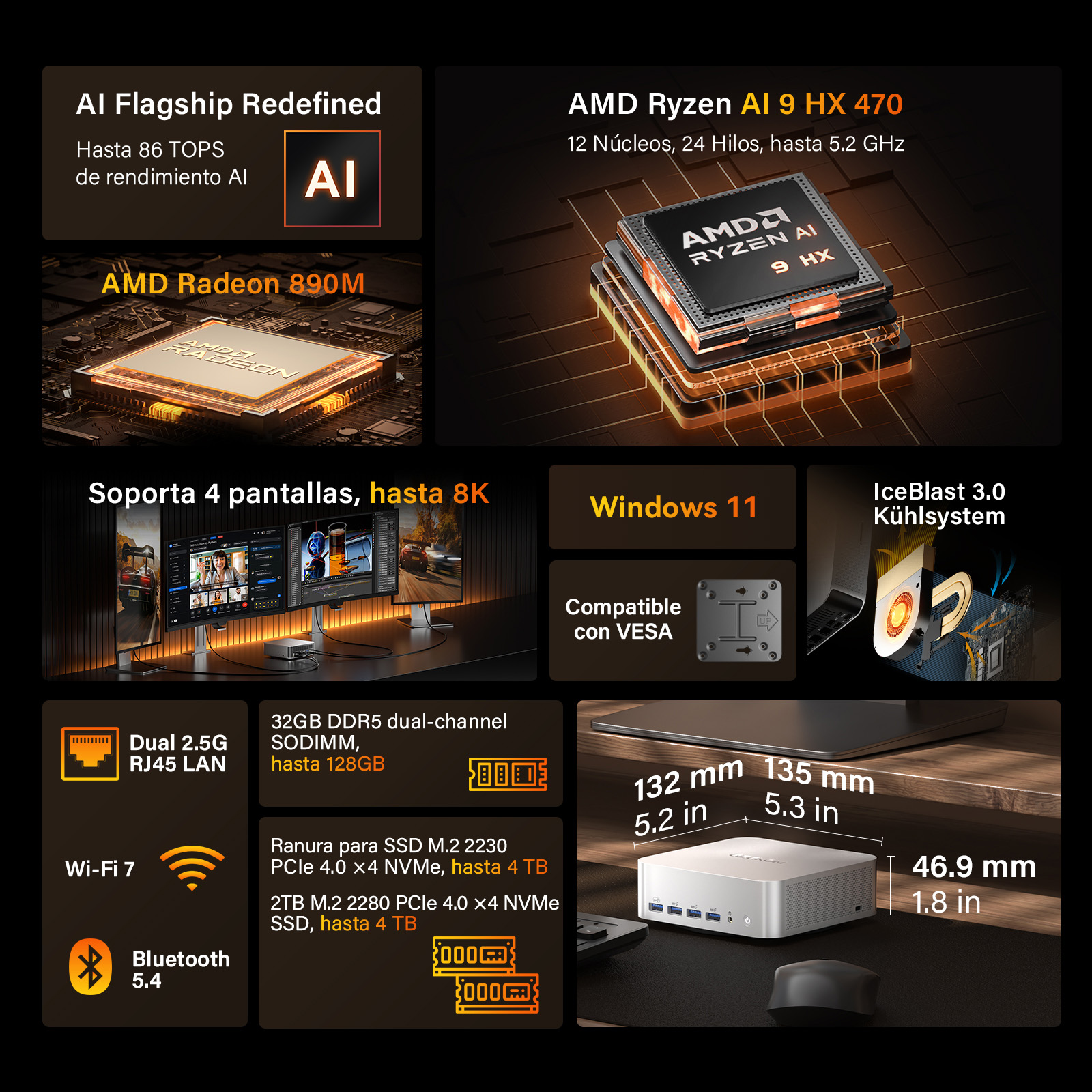 Detalles técnicos del producto con procesador AMD Ryzen, Windows 11, puertos y dimensiones compactas.