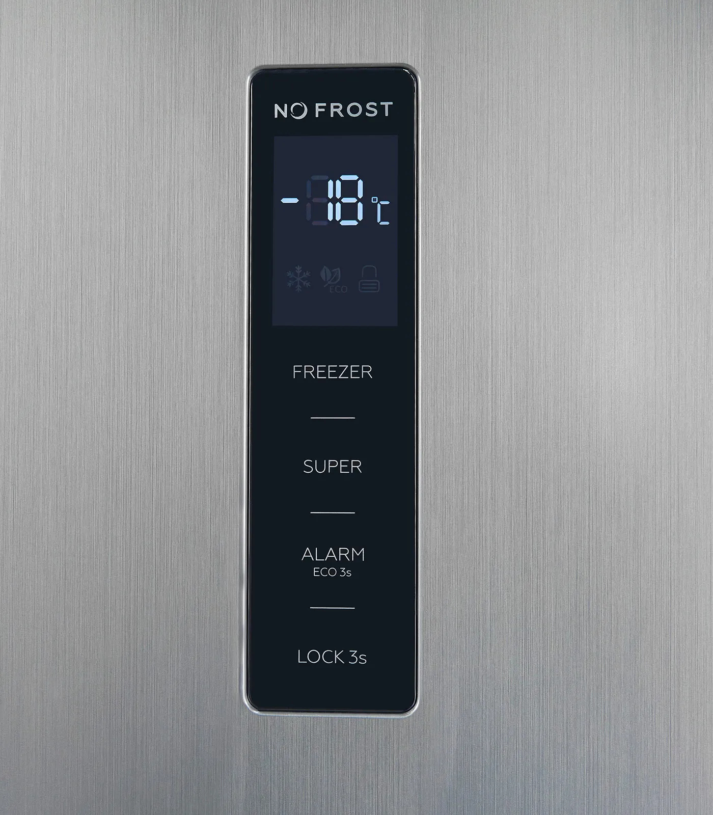 Ein digitales Edelstahl-Gefrierschrank-Bedienfeld zeigt minus 18 Grad Celsius und berührungsempfindliche Tasten.