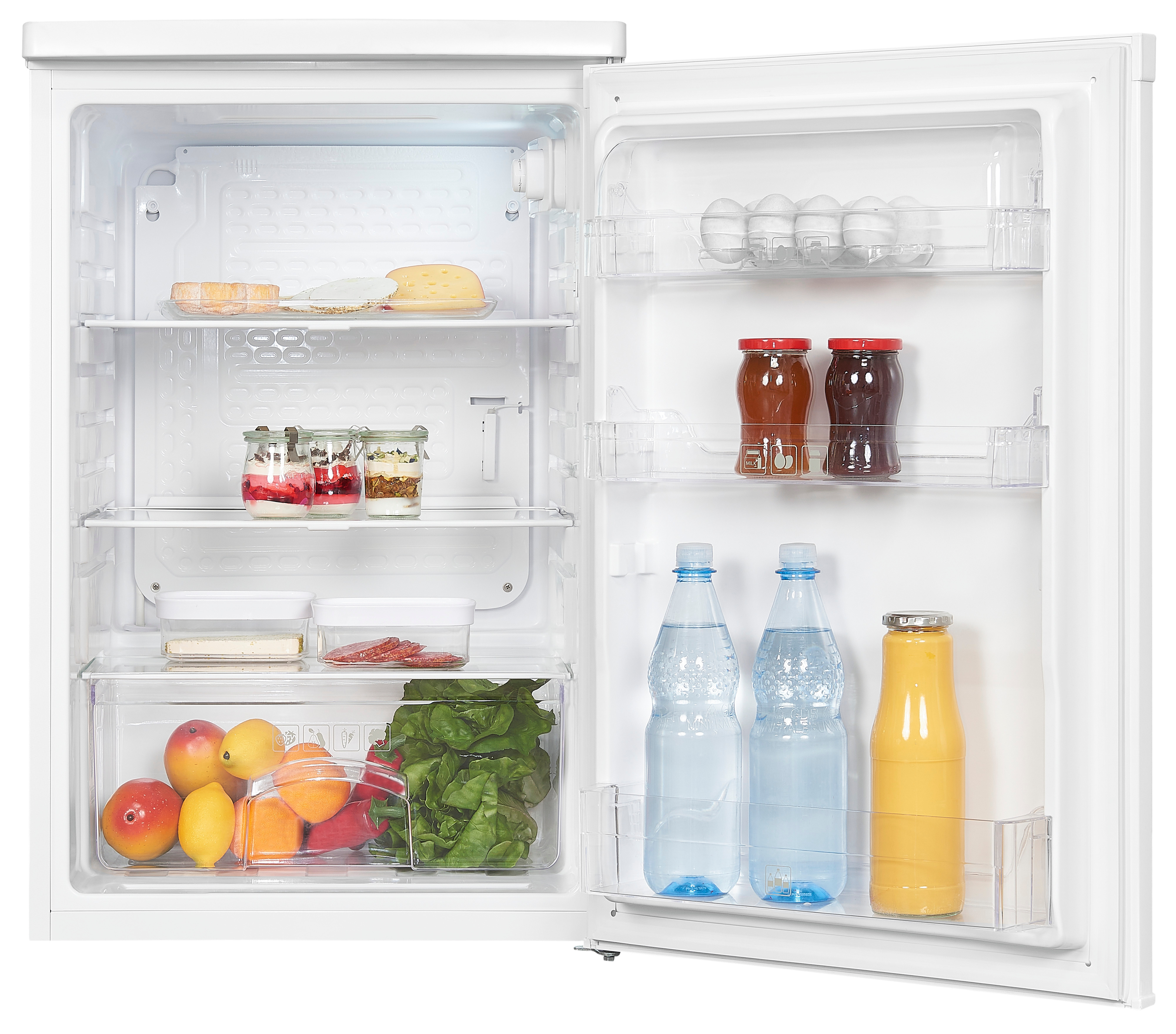 Un refrigerador blanco abierto lleno de comida, bebidas y verduras.