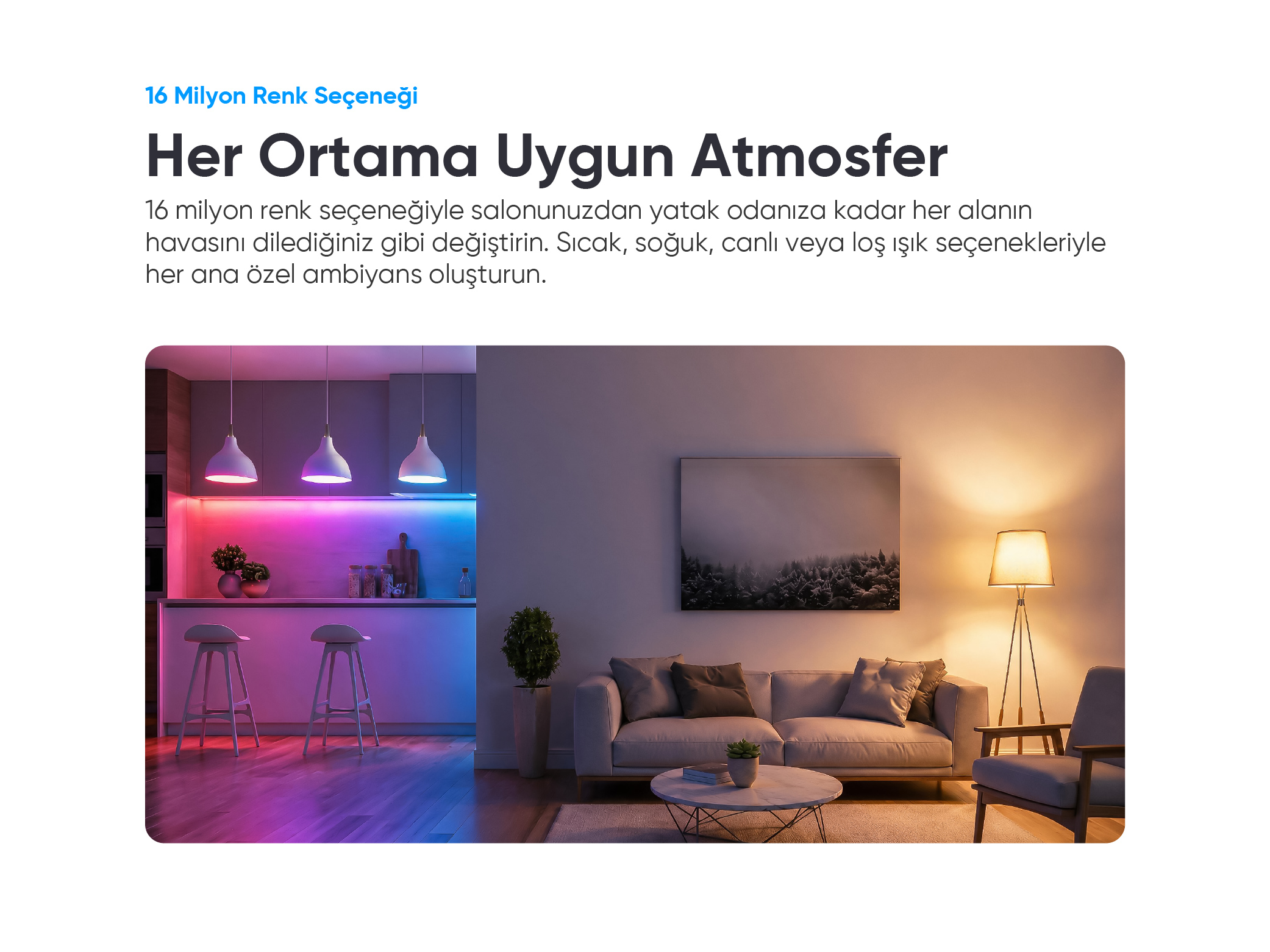 Pembe ve mavi ışıklı mutfak ile sıcak bir koltuk köşesi gösteren modern ev.
