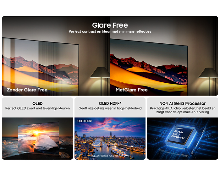 Comparaison montrant l'anti-reflet, OLED HDR et le processeur NQ4 AI Gen3.