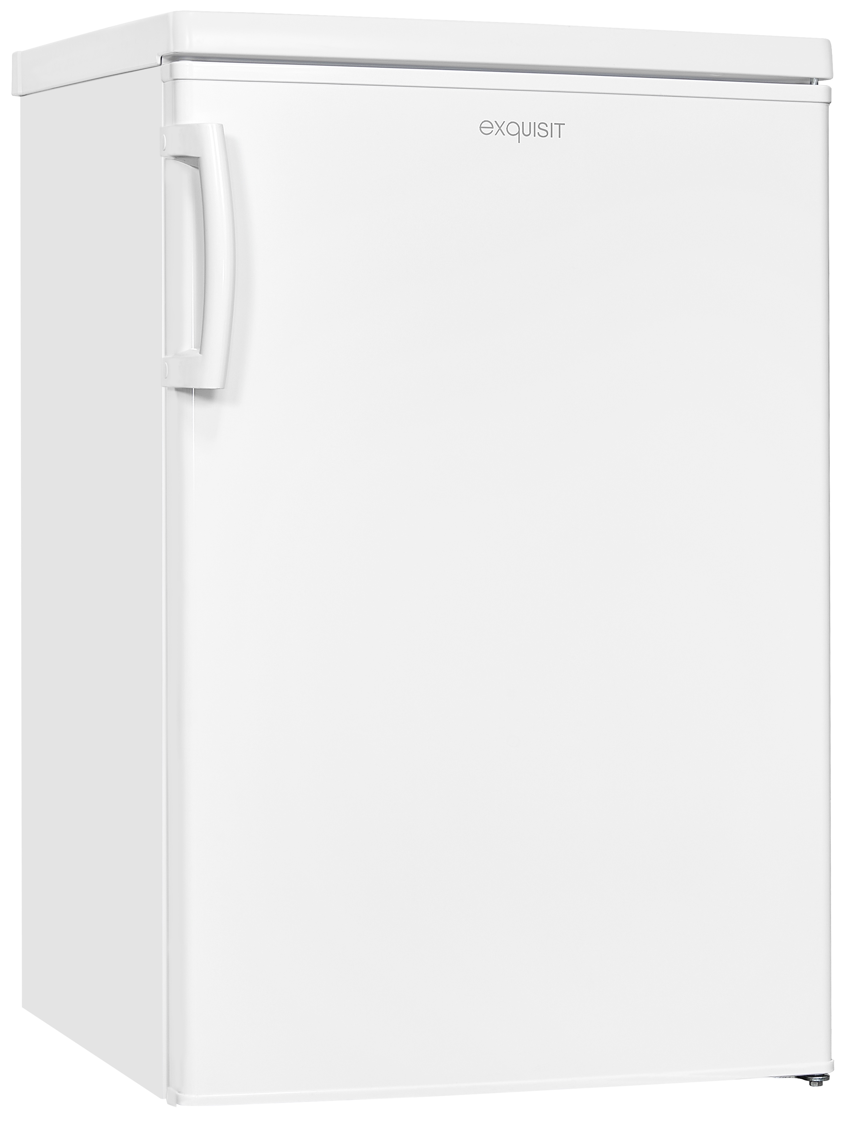 Ein kompakter, weißer Exquisit-Kühlschrank mit Griff auf der linken Seite und Markenlogo oben.