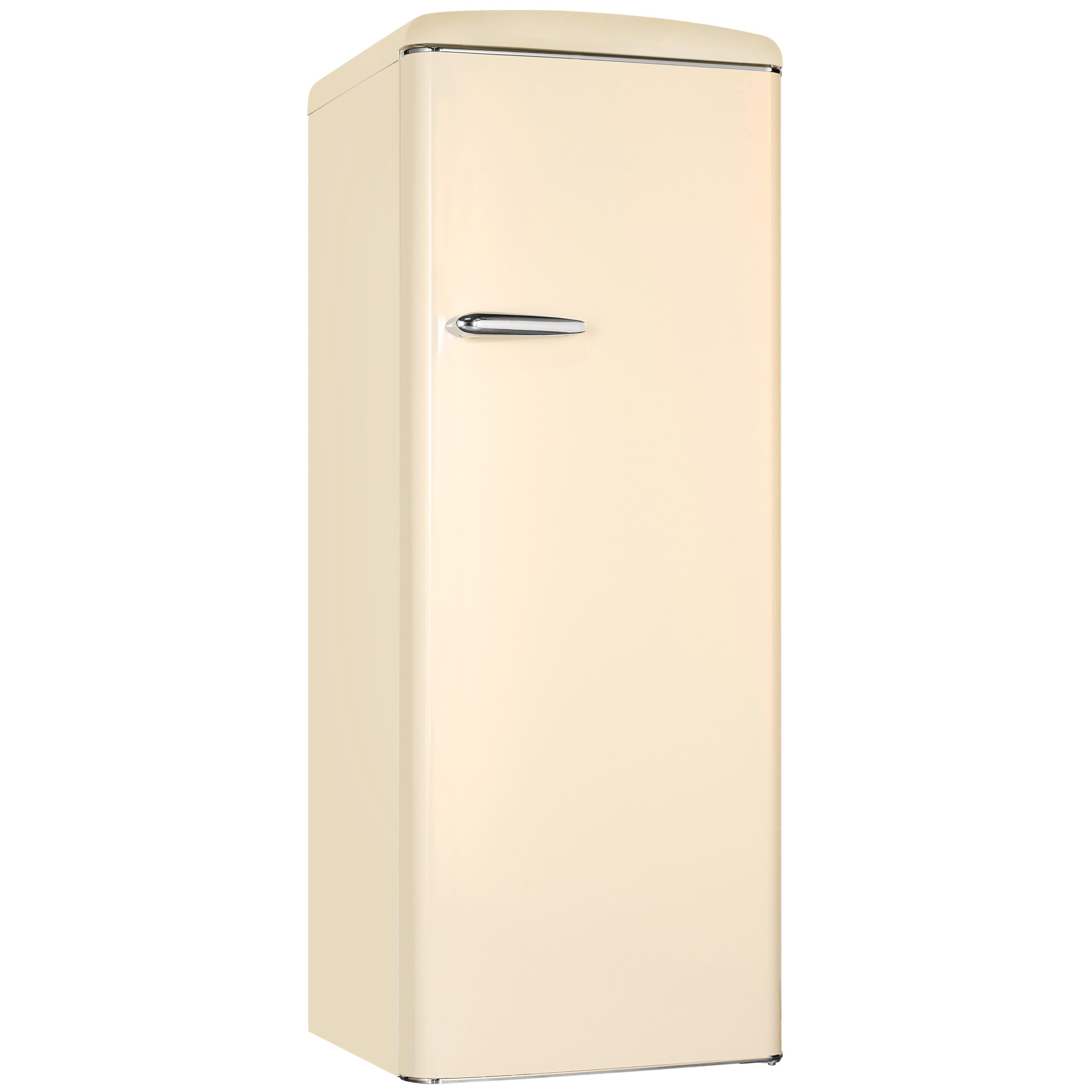 Ein beiger Retro-Kühlschrank mit abgerundeten Kanten und einem silbernen Griff auf weißem Hintergrund.