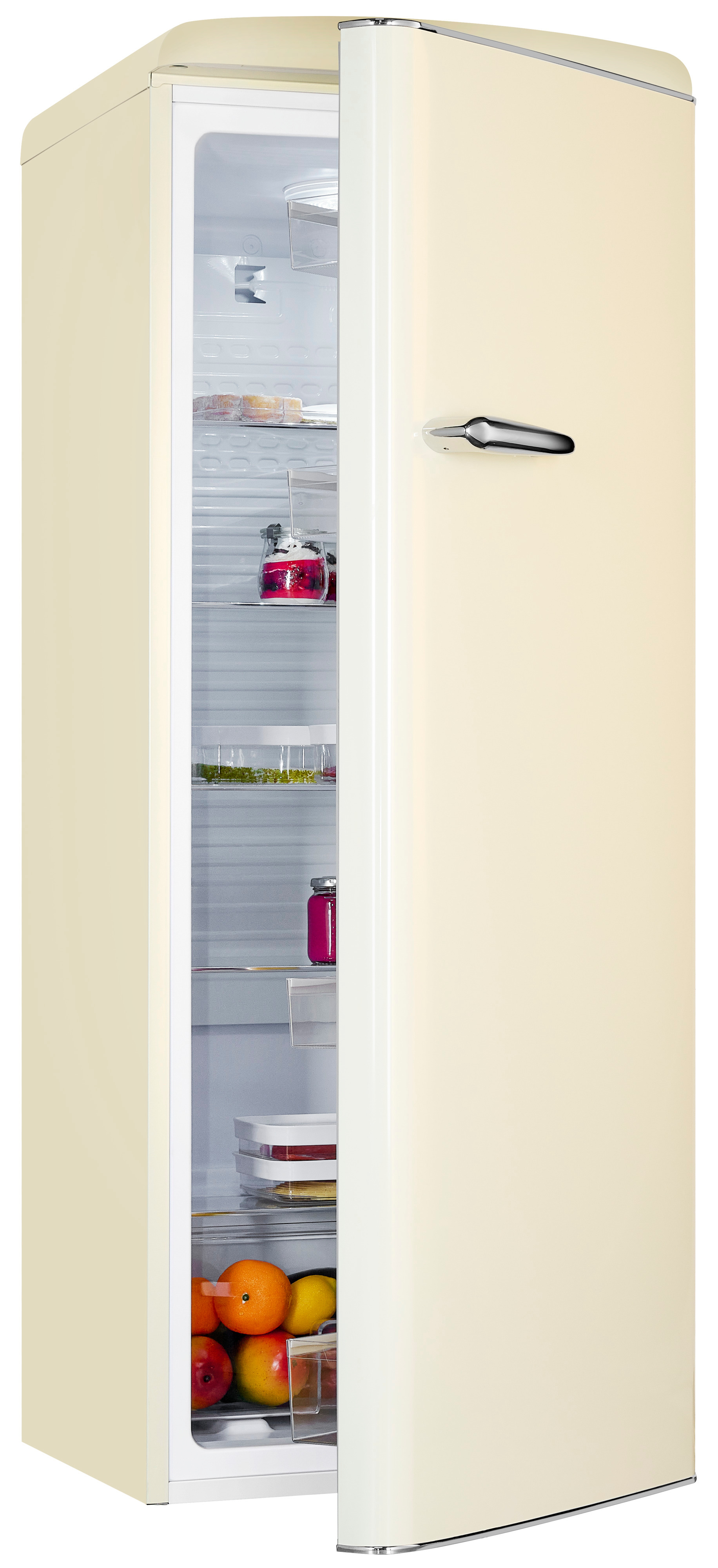 Ein offener, cremefarbener Retro-Kühlschrank mit Lebensmitteln und frischem Obst im Innenraum.