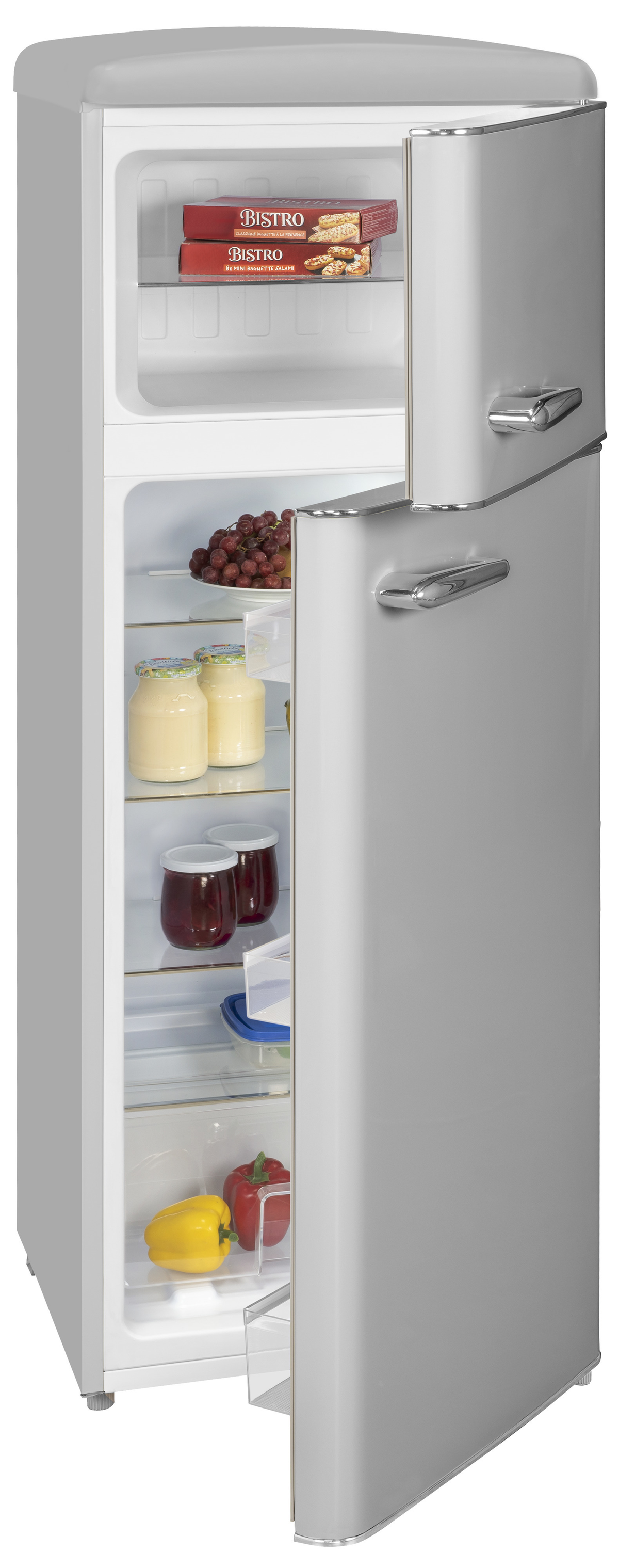 Silberner Retro-Kühlschrank mit geöffneten Türen, gefüllt mit Lebensmitteln, Gläsern und Gemüse.