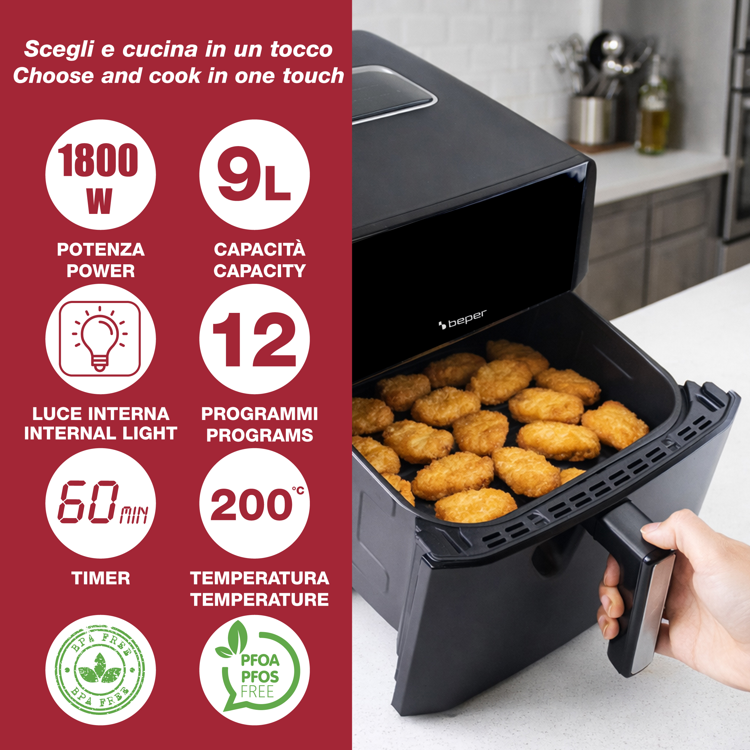 Friggitrice ad aria nera con crocchette, accanto a un pannello rosso con le caratteristiche.