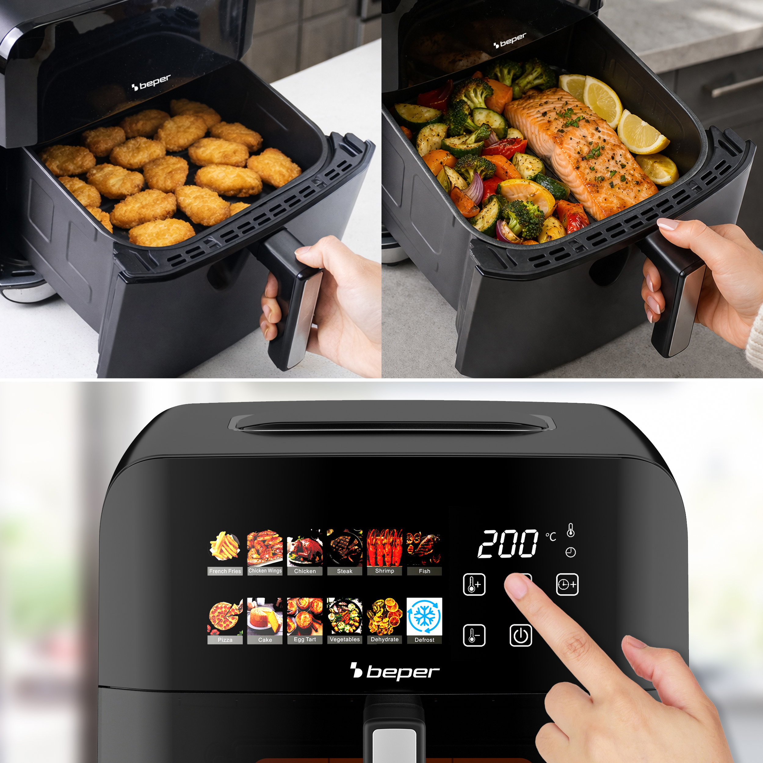 Friggitrice ad aria nera con touch screen, nuggets, salmone e verdure.