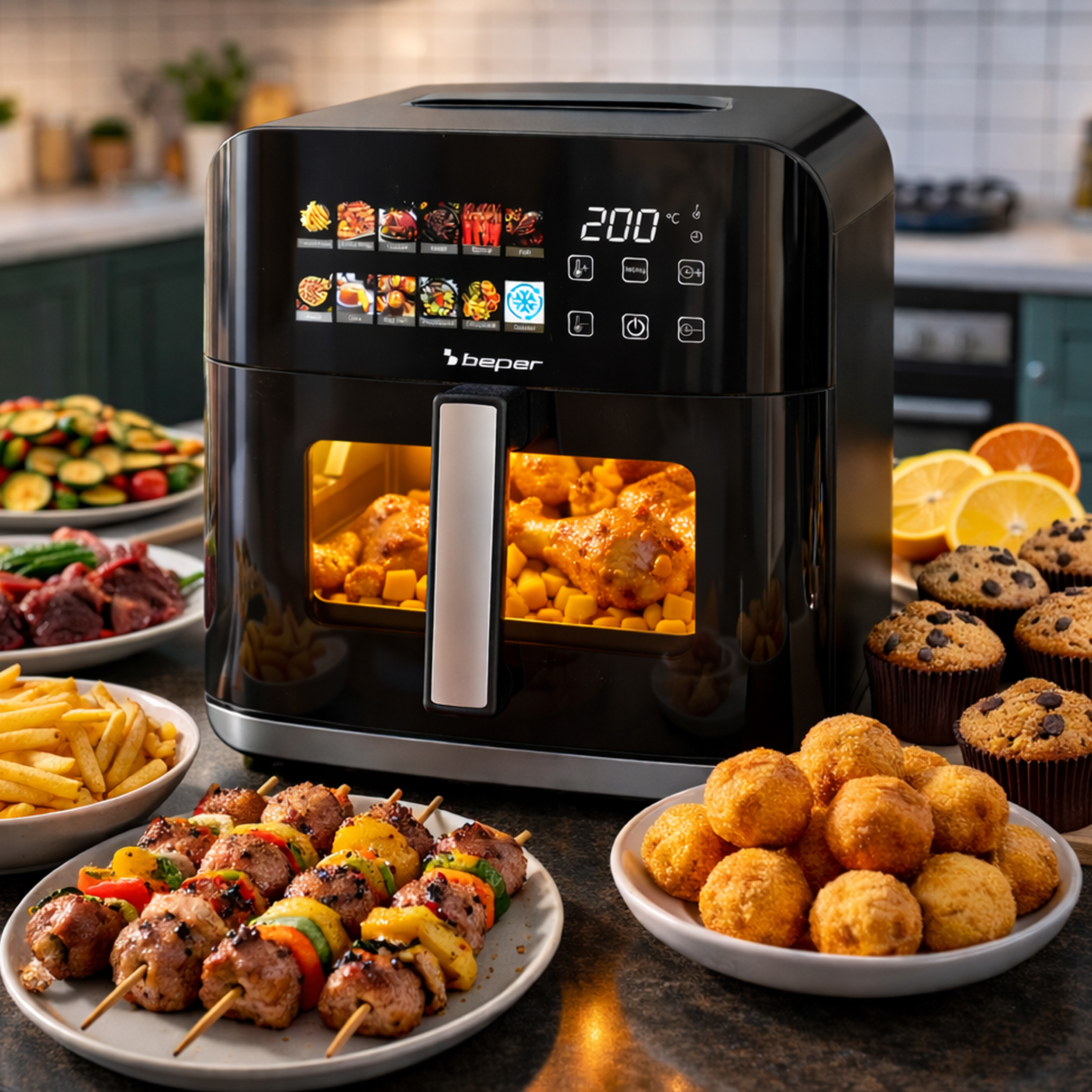 Friggitrice ad aria nera su un piano di cucina circondata da piatti come spiedini, muffin e patatine fritte.