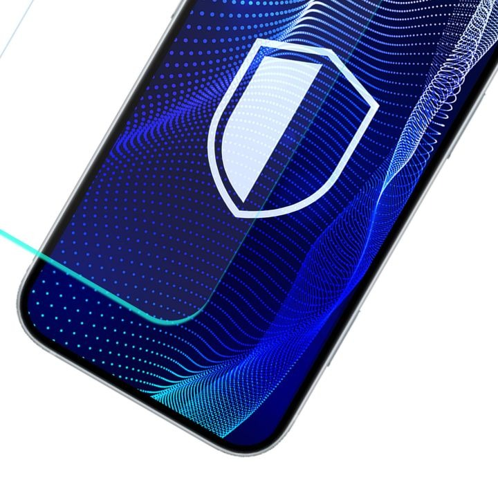 Schermo dello smartphone con motivo a onde blu e icona di scudo bianco al centro.