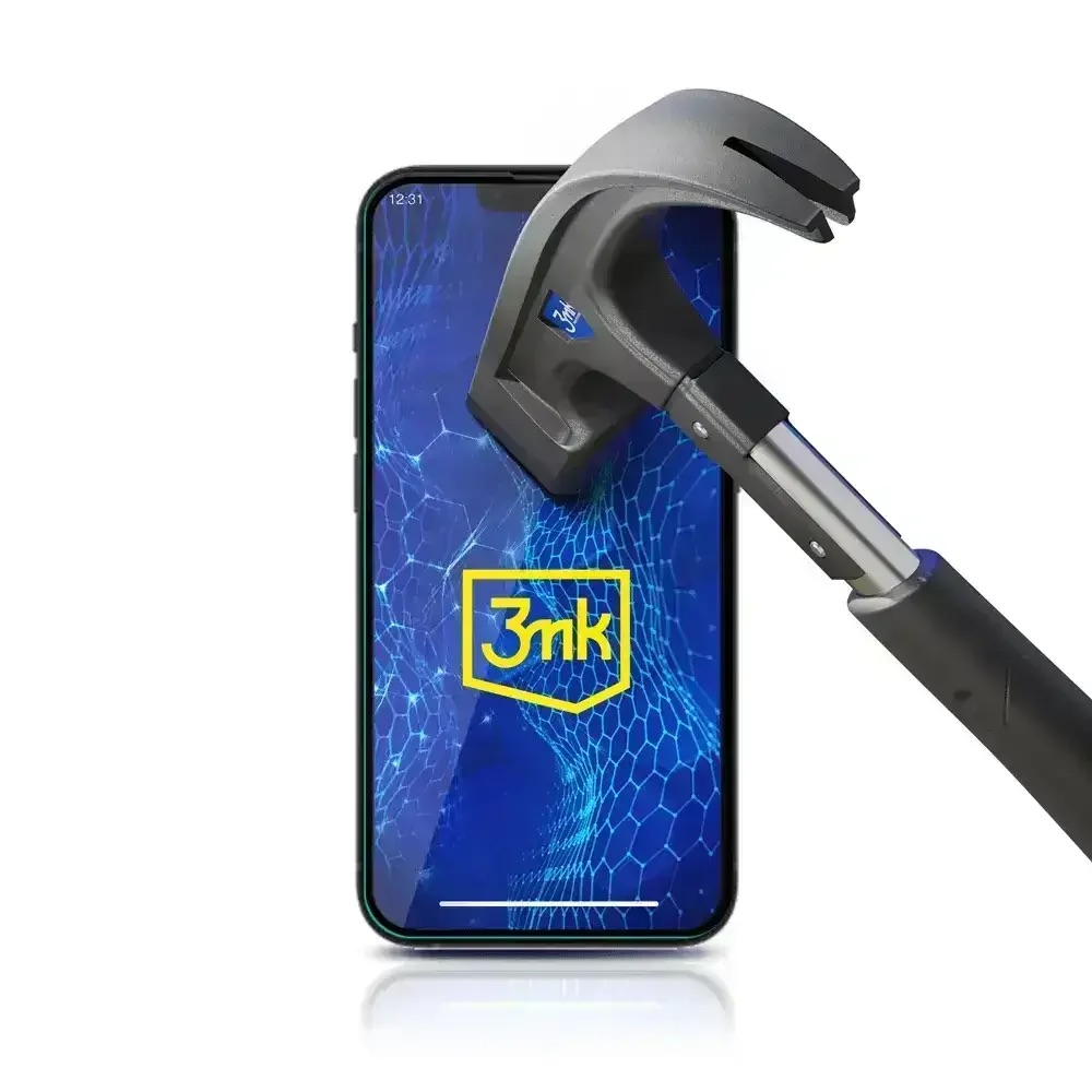 Un martello colpisce lo schermo di uno smartphone con sfondo blu e logo giallo.
