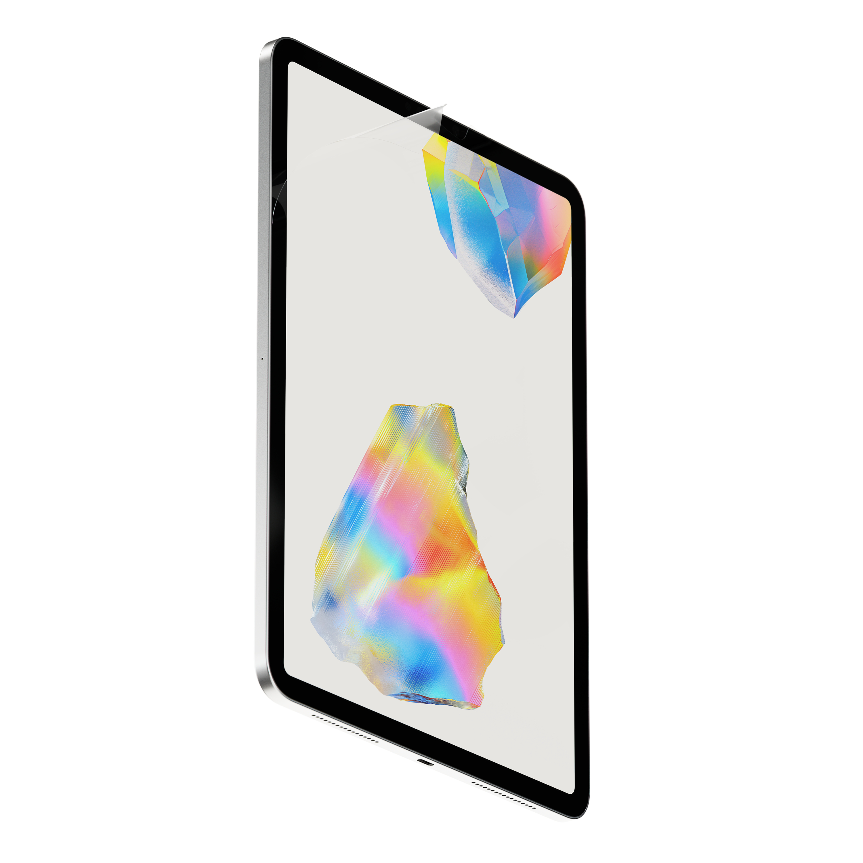 Un tablet con pellicola protettiva e sfondo di cristallo colorato su sfondo bianco.