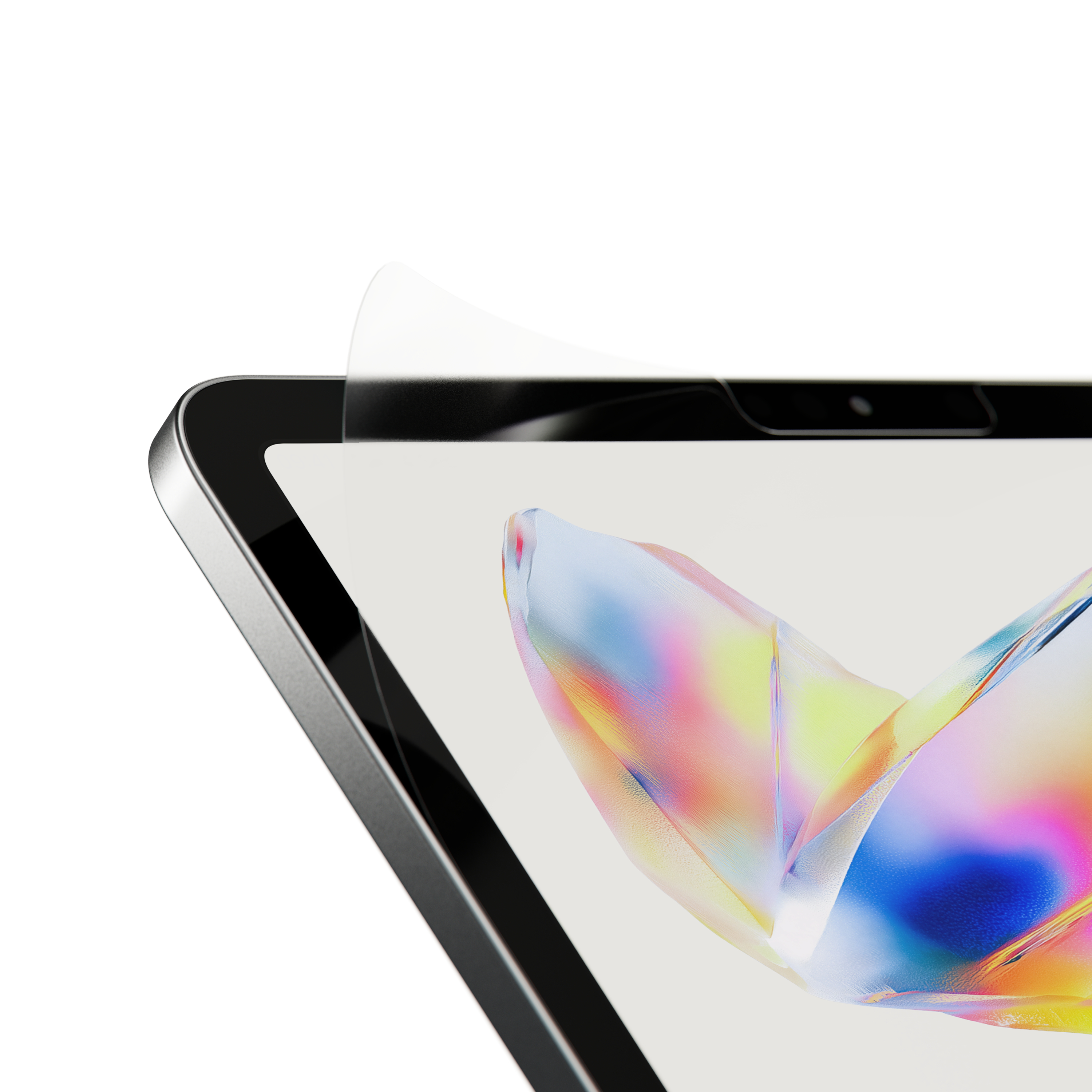 Una pellicola protettiva viene parzialmente rimossa dallo schermo di un tablet che mostra un'immagine colorata.