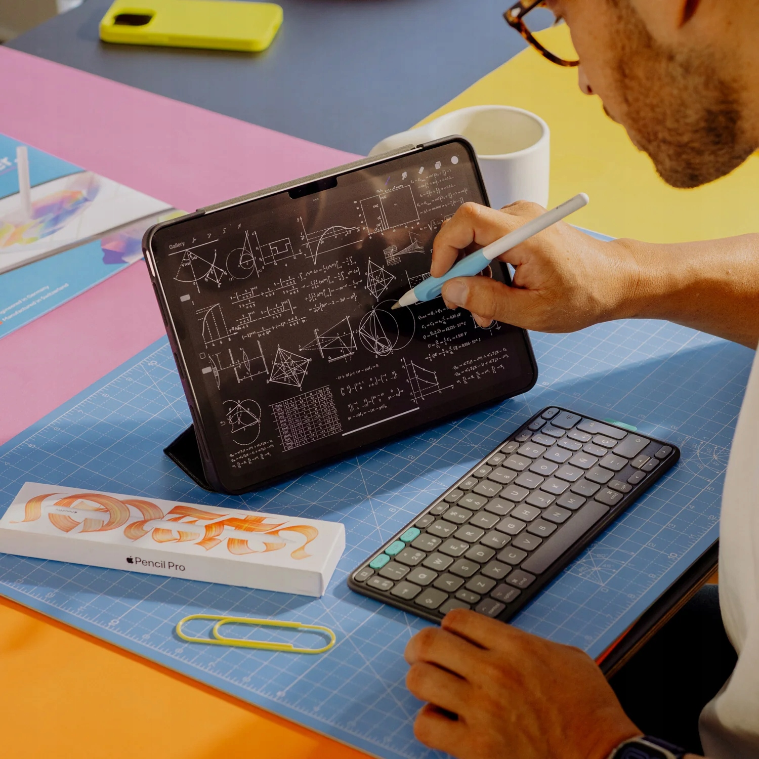 Uomo scrive con stilo su tablet con formule matematiche, vicino a tastiera e appunti.