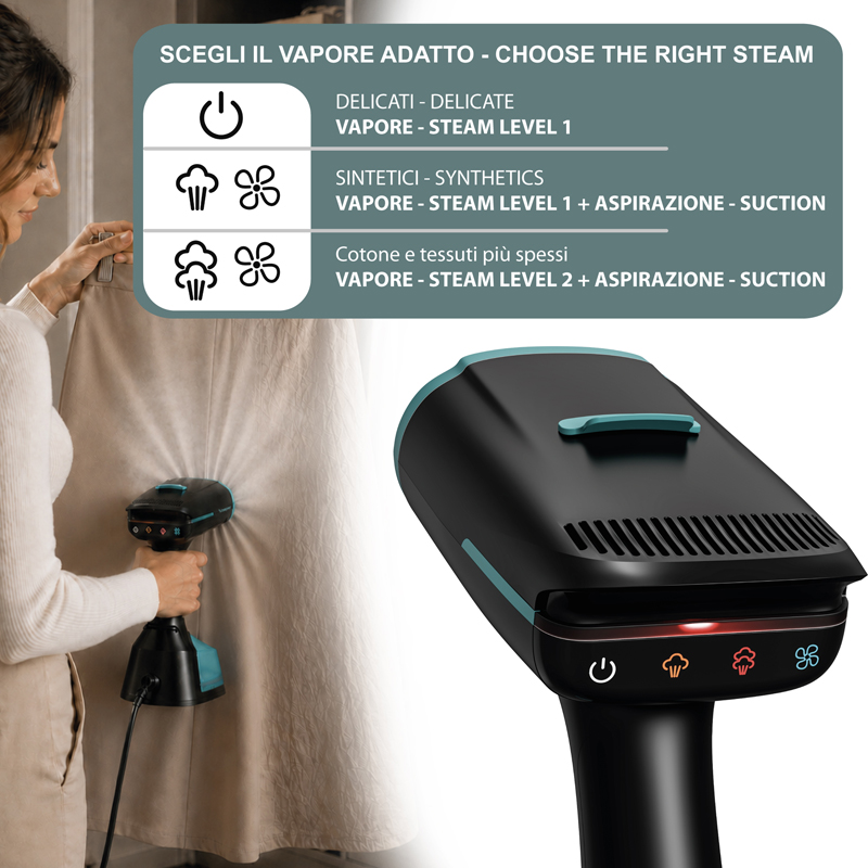 Stiratrice verticale a mano con grafica per livelli di vapore e aspirazione.