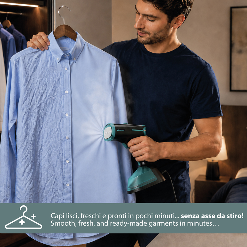 Un uomo usa un vaporizzatore per indumenti su una camicia blu.