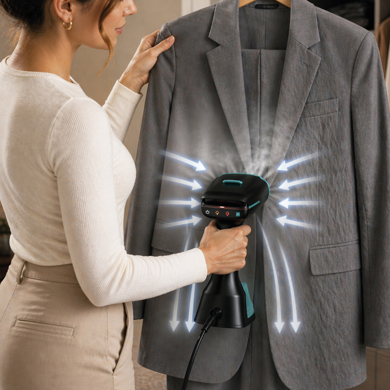Una donna usa un vaporizzatore per indumenti su una giacca grigia, con frecce luminose che indicano il flusso.