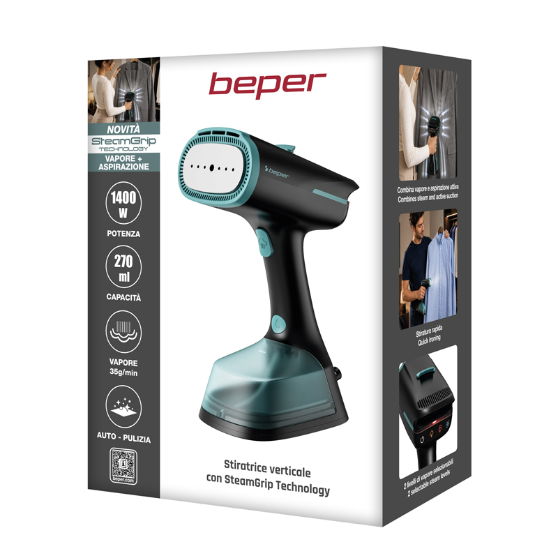 Confezione dello stiratore verticale Beper con caratteristiche e foto.