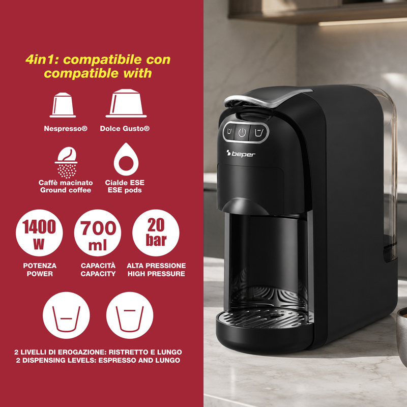 Macchina da caffè nera Beper con caratteristiche e icone di compatibilità su sfondo rosso.
