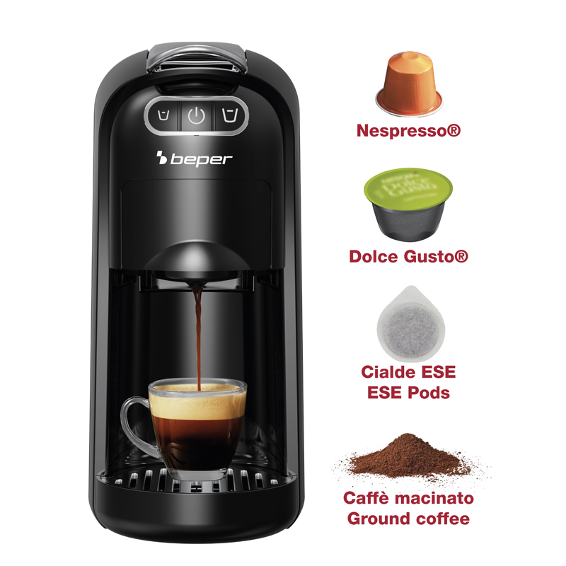 Macchina da caffè nera Beper che eroga caffè in una tazza; a destra capsule Nespresso, Dolce Gusto, cialde ESE e caffè macinato.
