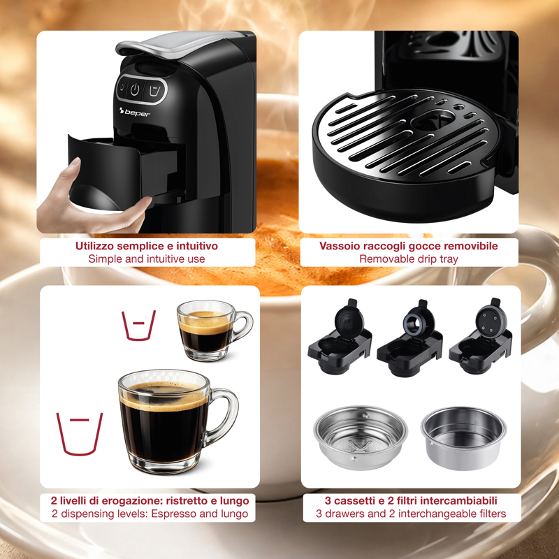 Collage di una macchina da caffè nera con uso semplice, vassoio raccogligocce, due tazze e tre cassetti.