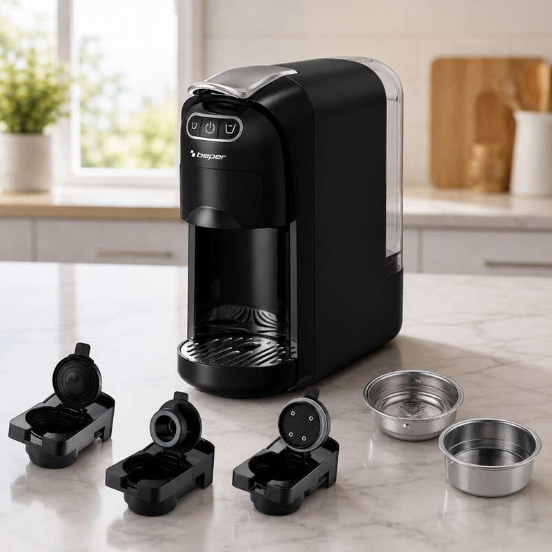 Una macchina da caffè nera su un piano di lavoro, circondata da accessori come portacapsule e filtri.