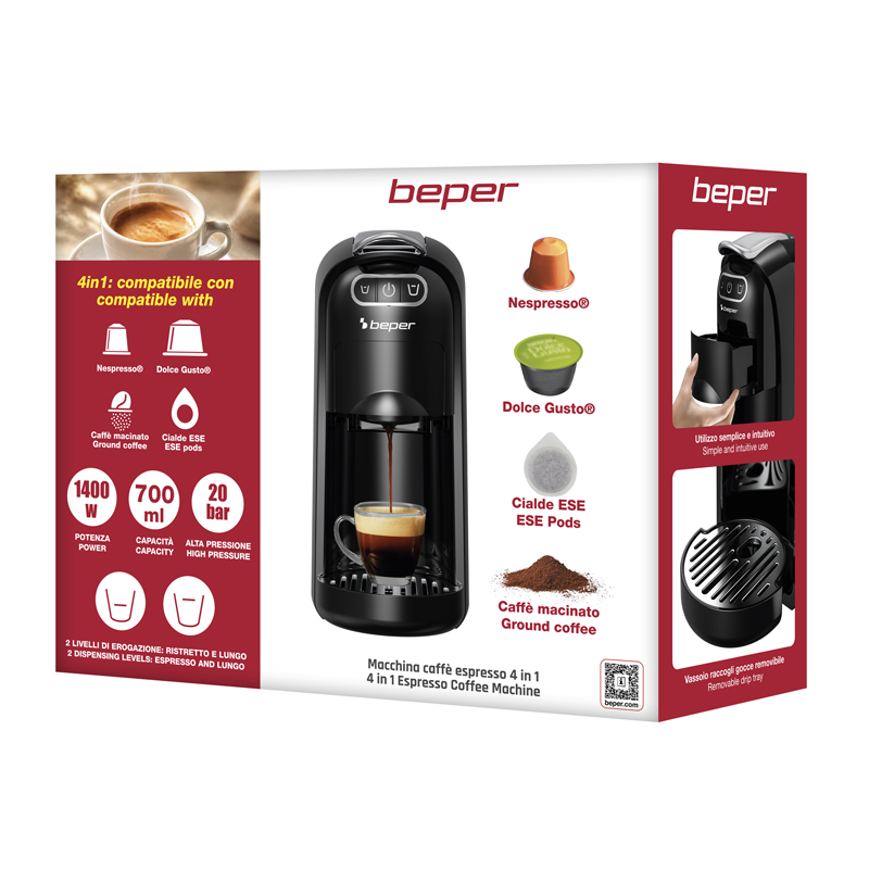 Confezione di una macchina per caffè espresso nera Beper 4 in 1, con capsule compatibili e caratteristiche su sfondo rosso e bianco.
