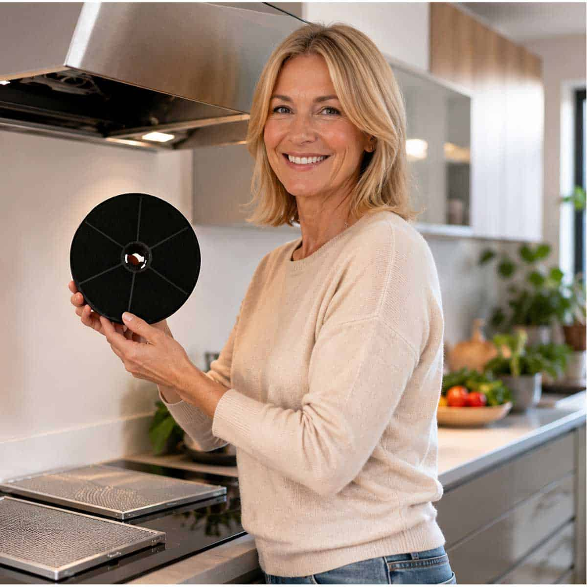 Eine blonde Frau lächelt in einer Küche und hält einen runden schwarzen Filter vor einer Dunstabzugshaube.