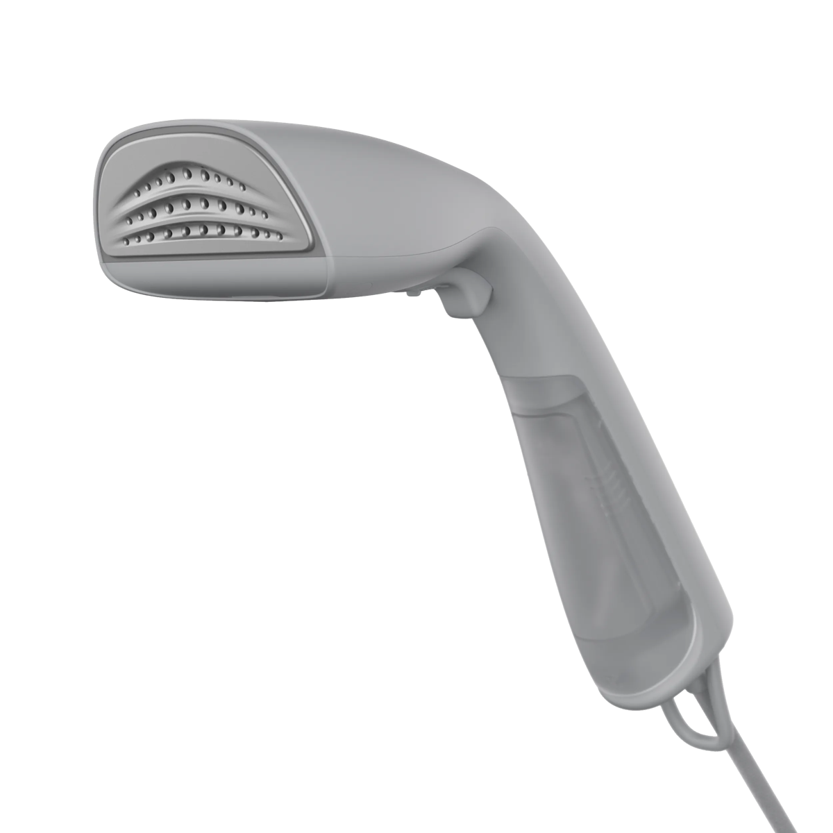 Un vaporizzatore per indumenti portatile bianco con serbatoio d'acqua su sfondo nero.