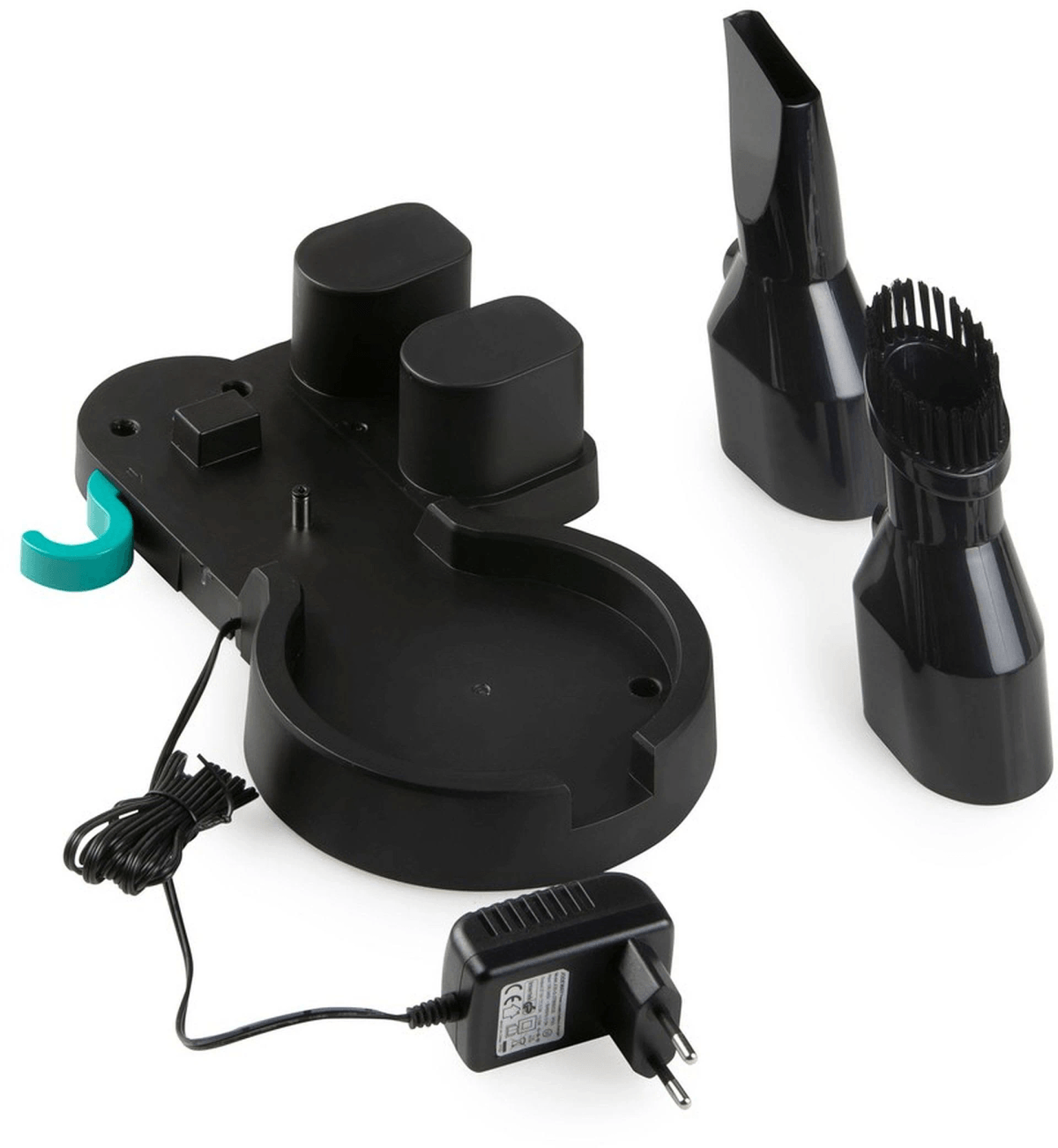 Base di ricarica nera con cavo, spina, gancio turchese e due accessori neri su superficie bianca.