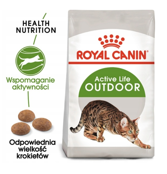 Bolsa de comida para gatos Royal Canin Active Life Outdoor con un gato atigrado y croquetas.