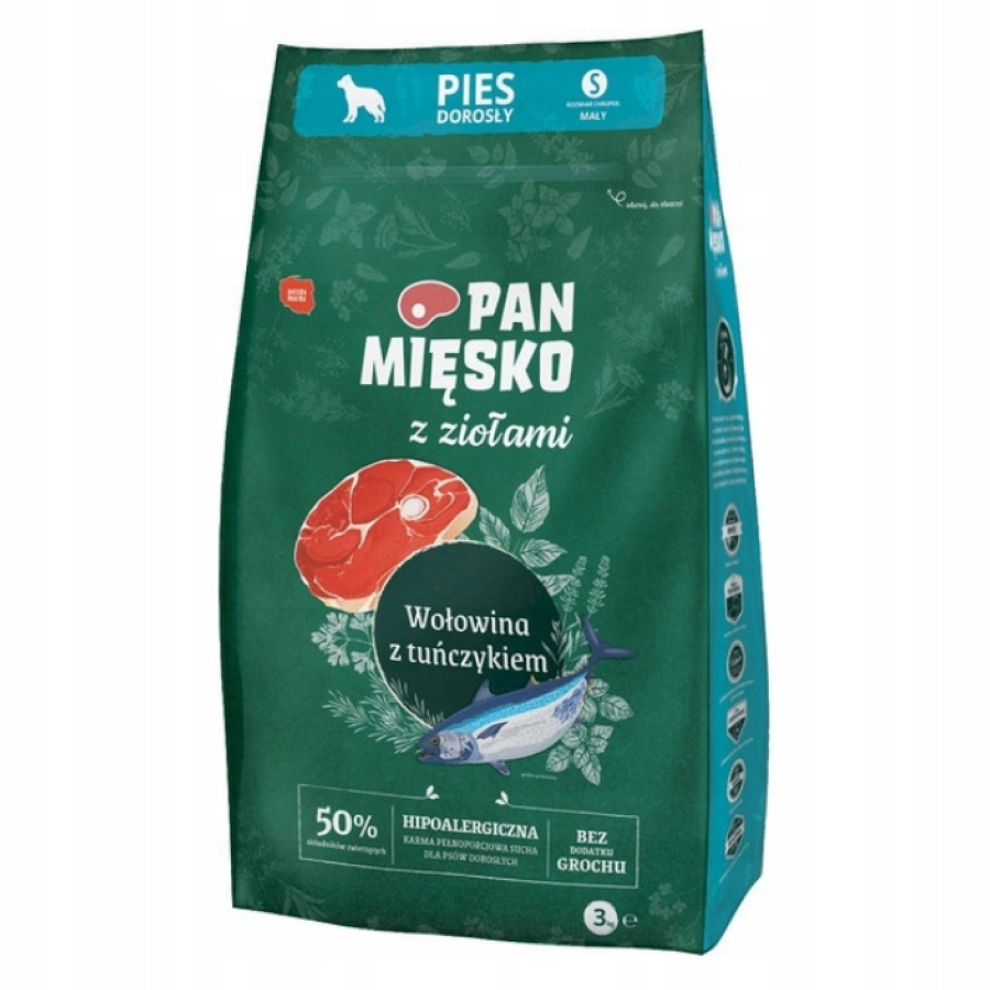 Bolsa de comida para perros Pan Mięsko verde con carne, atún y hierbas.