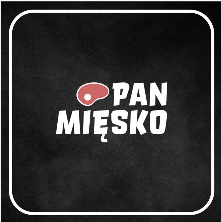 Un logotipo con el texto blanco PAN MIĘSKO y un icono de carne rosa sobre fondo oscuro texturizado dentro de un marco blanco.