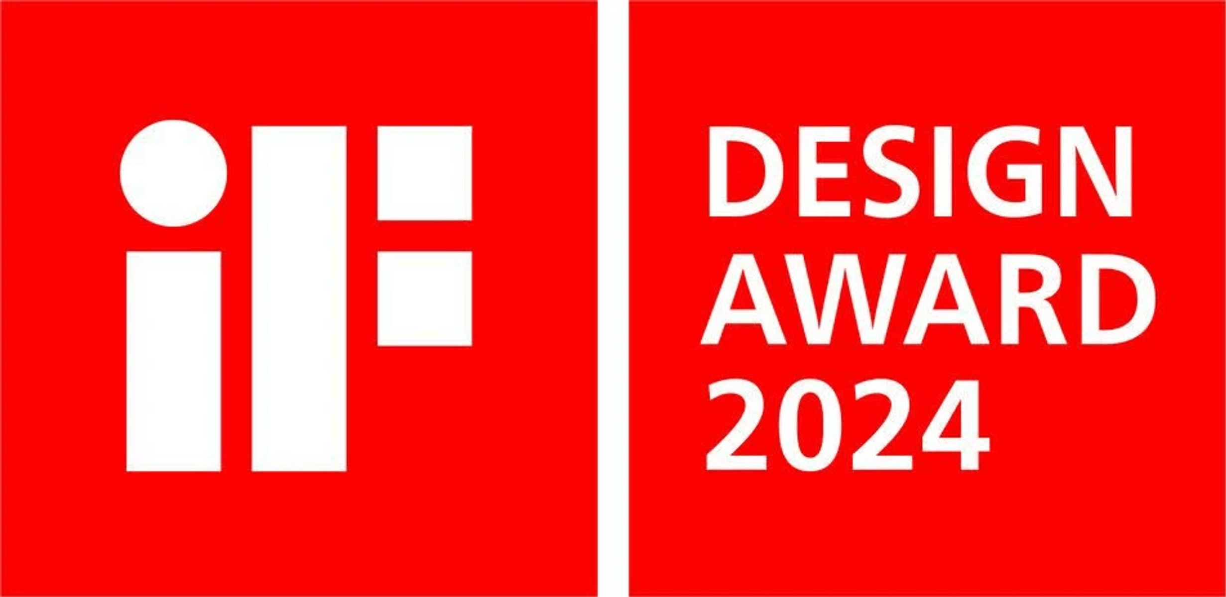 Logo rosso iF Design Award 2024 con testo bianco su sfondo rosso vivo.