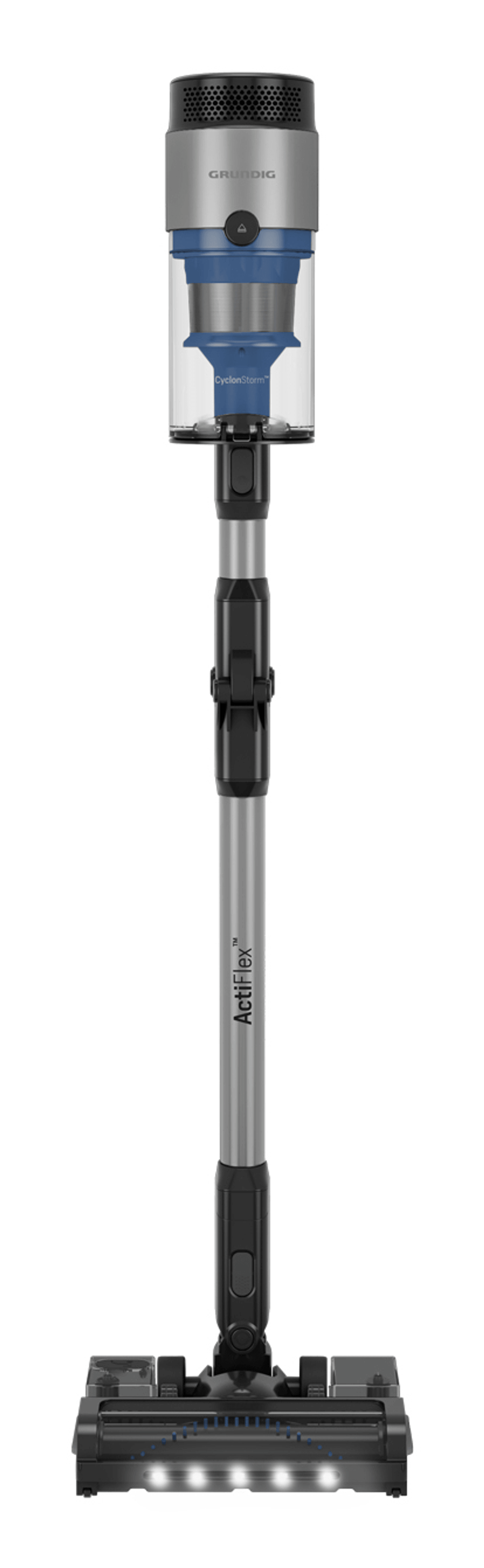 Ein silber-blauer kabelloser Grundig-Stielstaubsauger mit beleuchteter Bodenbürste vor weißem Hintergrund.