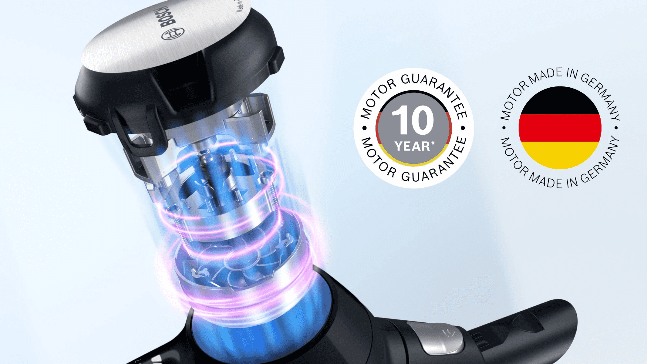 Sezione trasversale del motore di un elettrodomestico Bosch con luce blu e due stemmi di garanzia di 10 anni.
