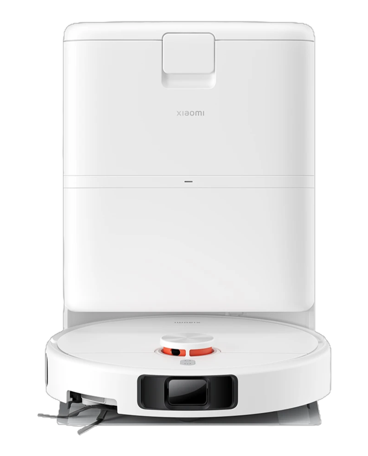 Biały robot sprzątający Xiaomi w swojej stacji ładującej na czarnym tle.