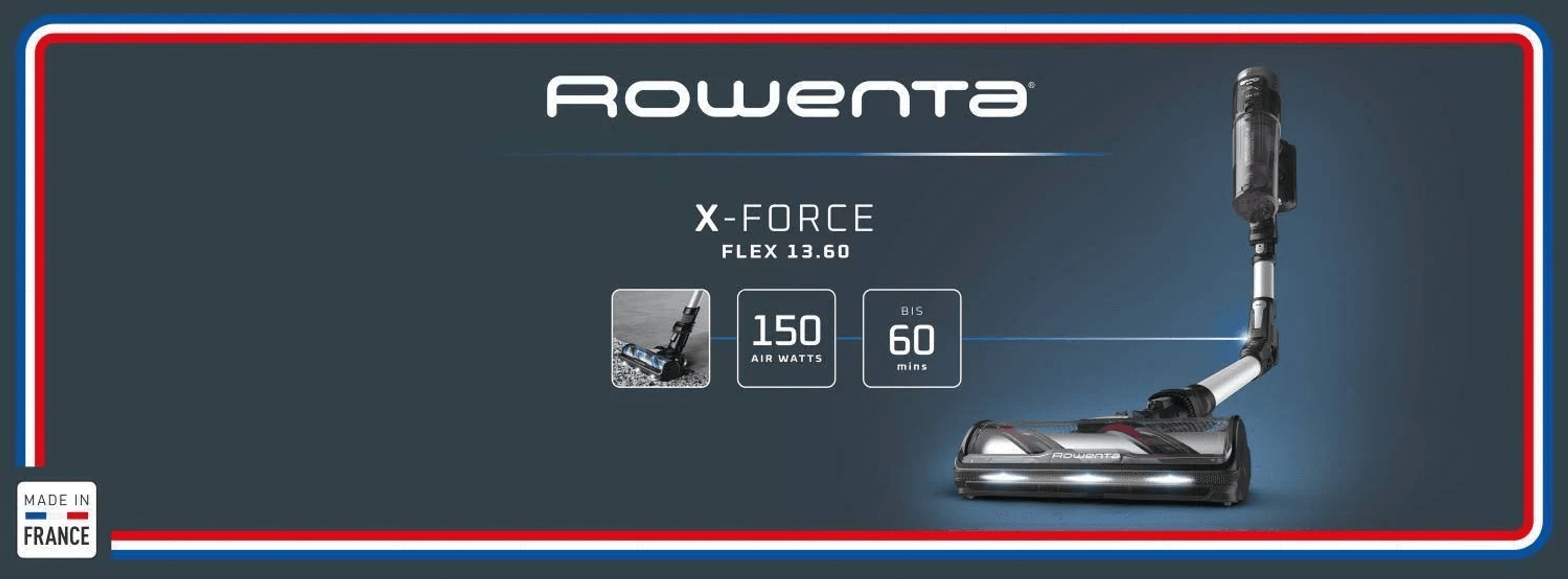 Aspirapolvere Rowenta X-Force Flex 13.60 con 150 Air Watt e 60 minuti di autonomia su sfondo scuro.