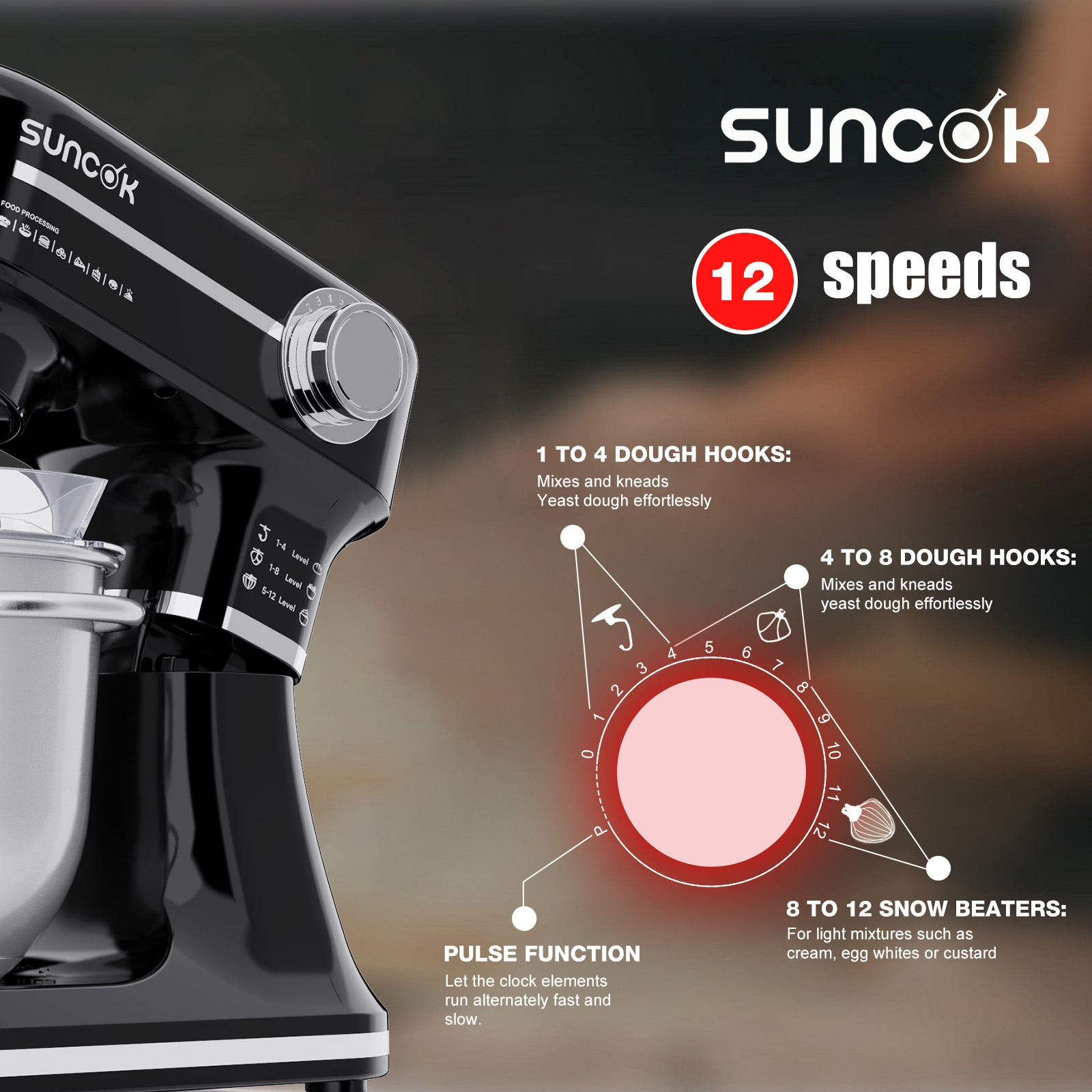 Robot pâtissier noir Suncok avec 12 vitesses et diagramme du sélecteur.